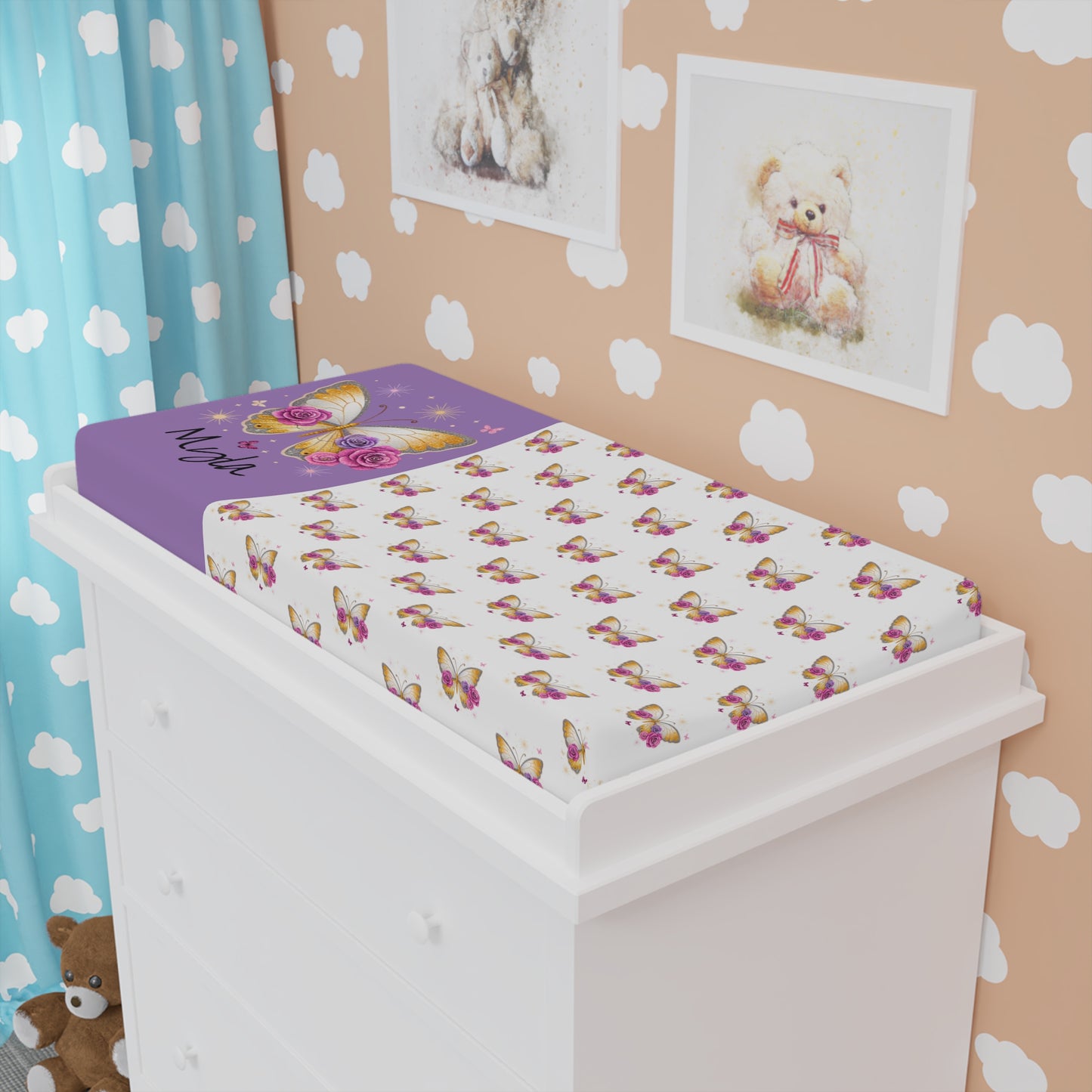 Butterfly Floral Baby Changing Pad Cover — Personalized "Mom" Purple Accent