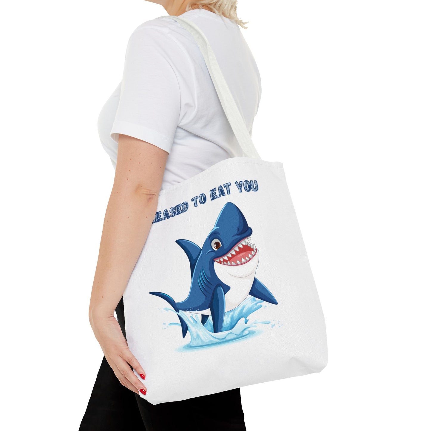 Humorous cartoon shark with threatening text Tote Bag