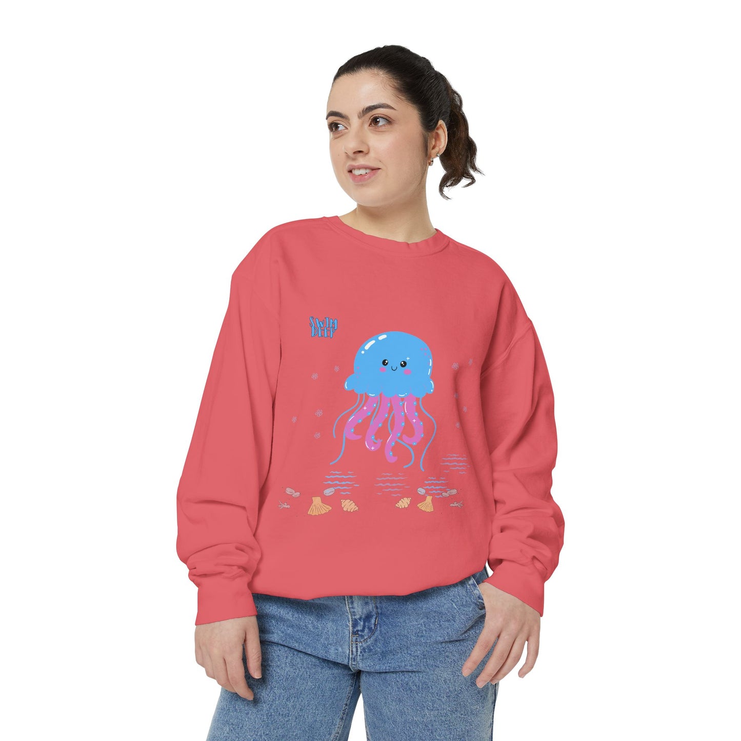 Blue jellyfish with pink tentacles Unisex Garment-Dyed Sweatshirt