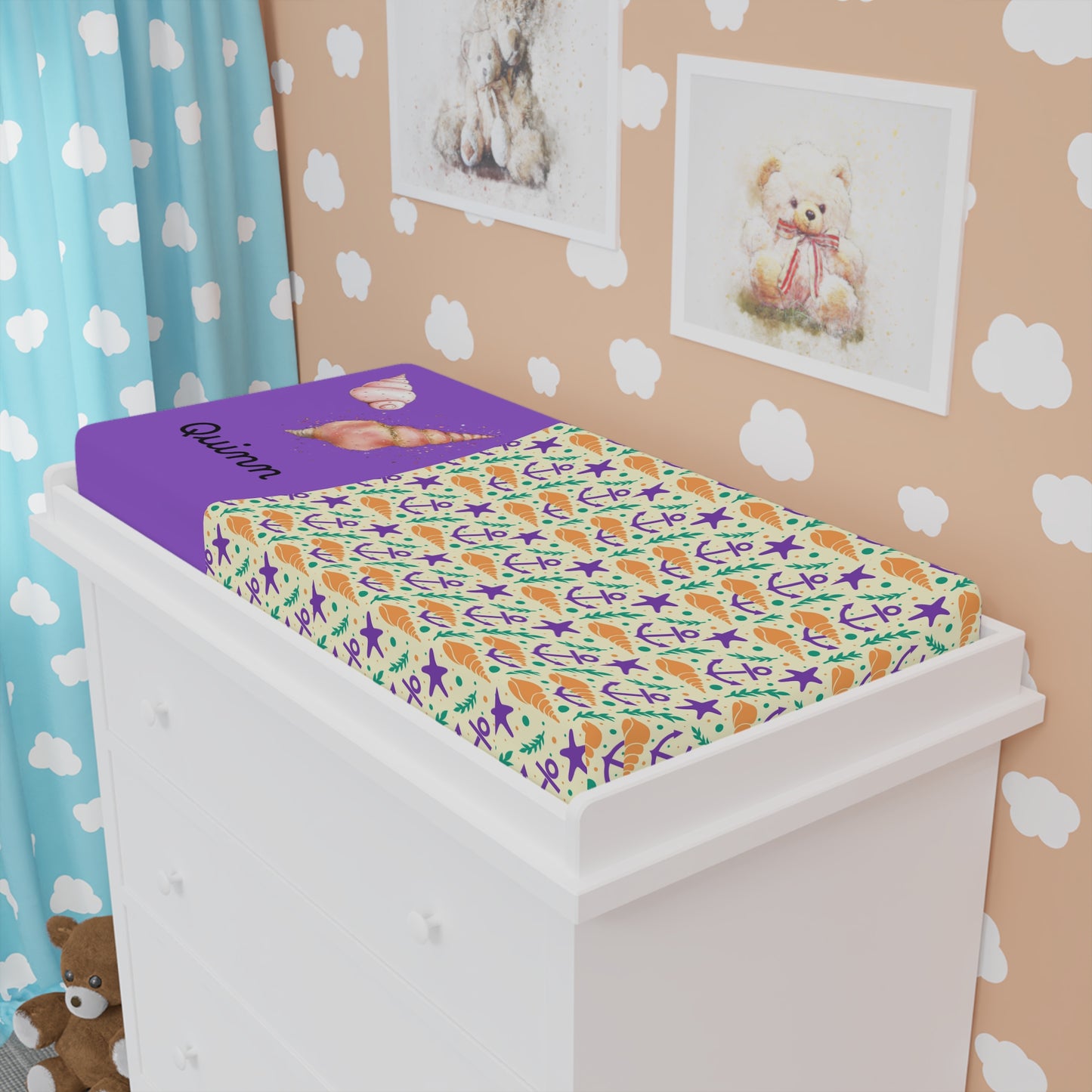 Changing Pad Cover — Personalized Seashell & Starfish Baby Changing Mat Cover (Name Option)