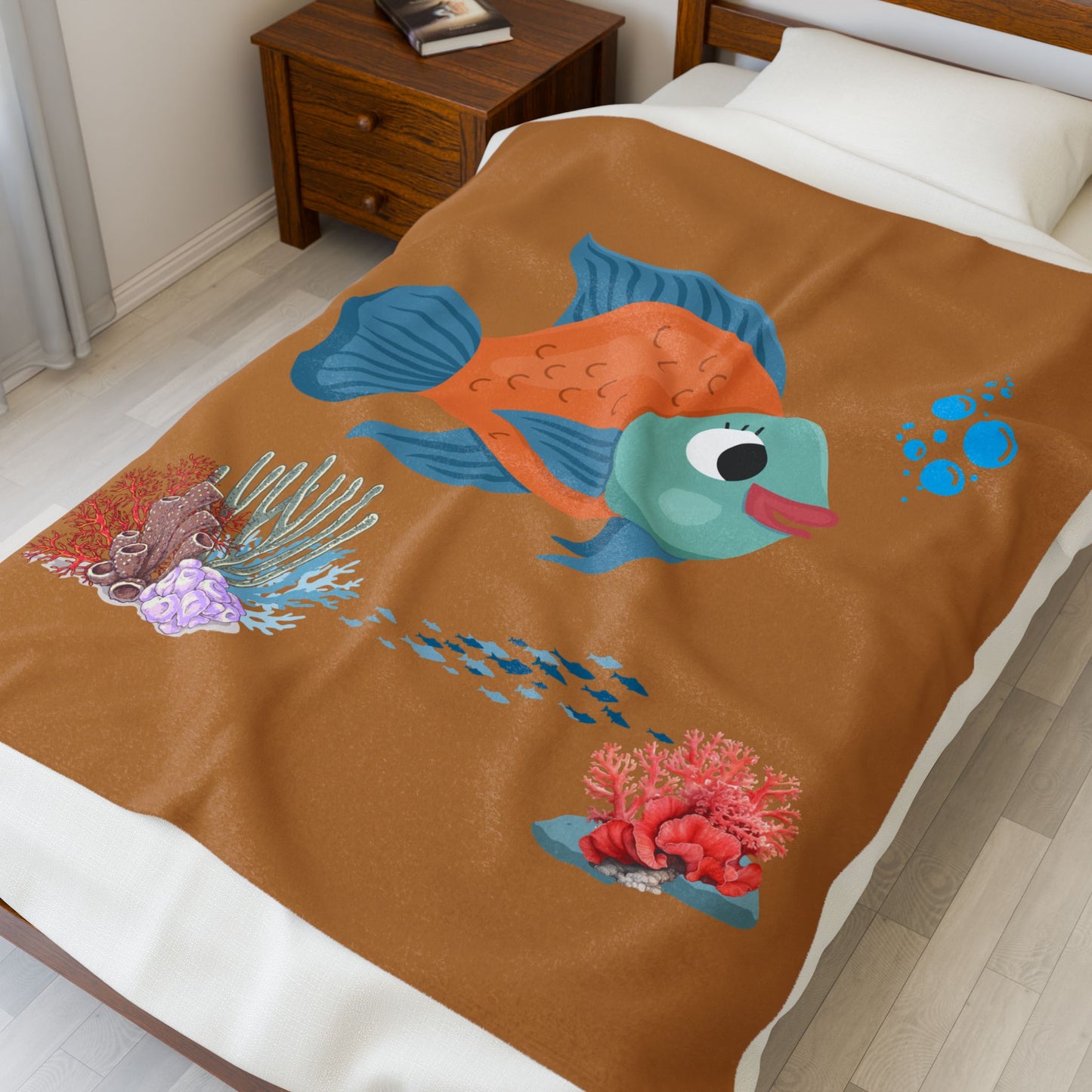 Orange and blue fish with coral and bubble Velveteen Plush Blanket
