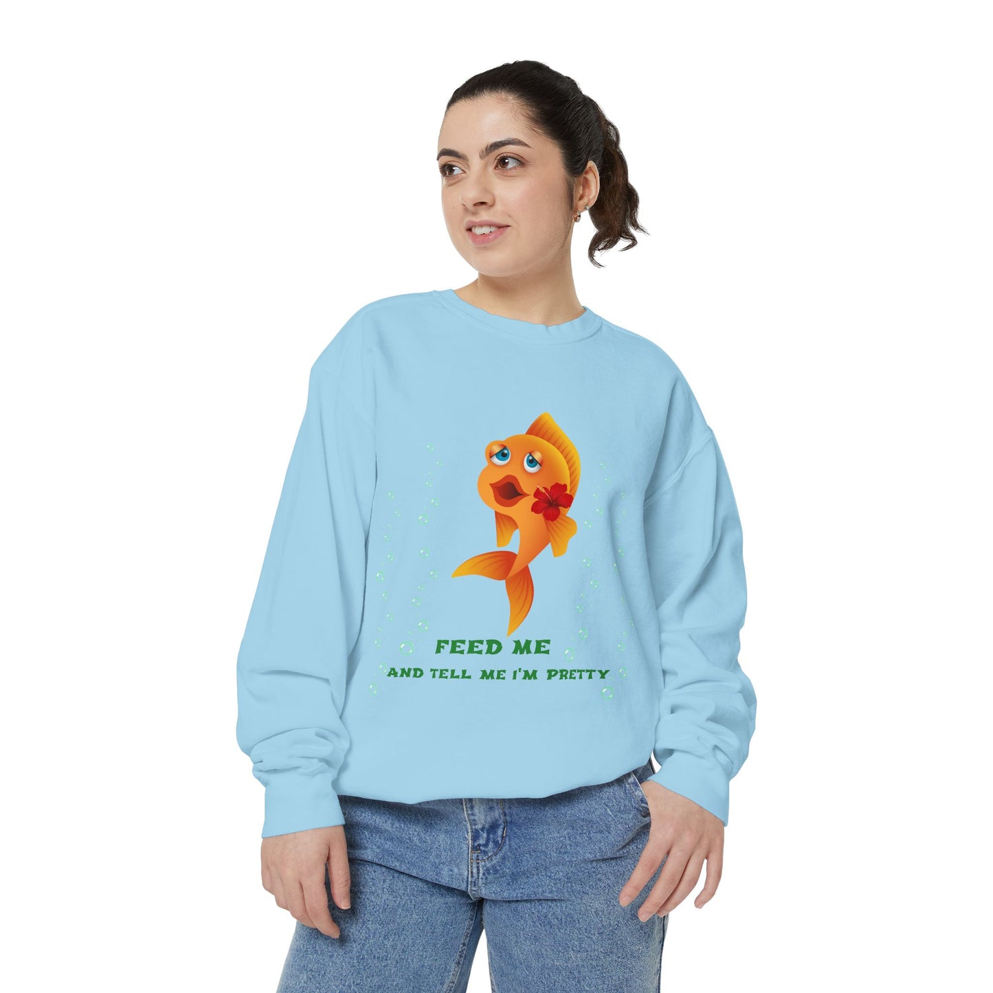 Cartoon goldfish with red lips and flower Unisex Garment-Dyed Sweatshirt