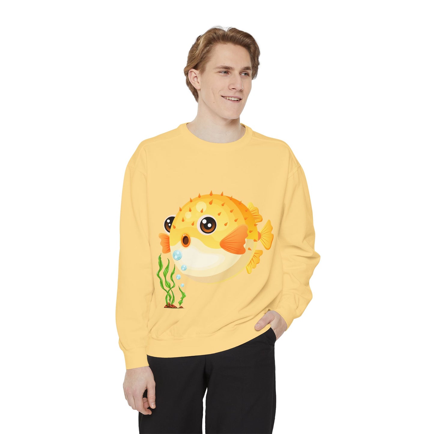 Cartoon Pufferfish with seaweed Unisex Garment-Dyed Sweatshirt