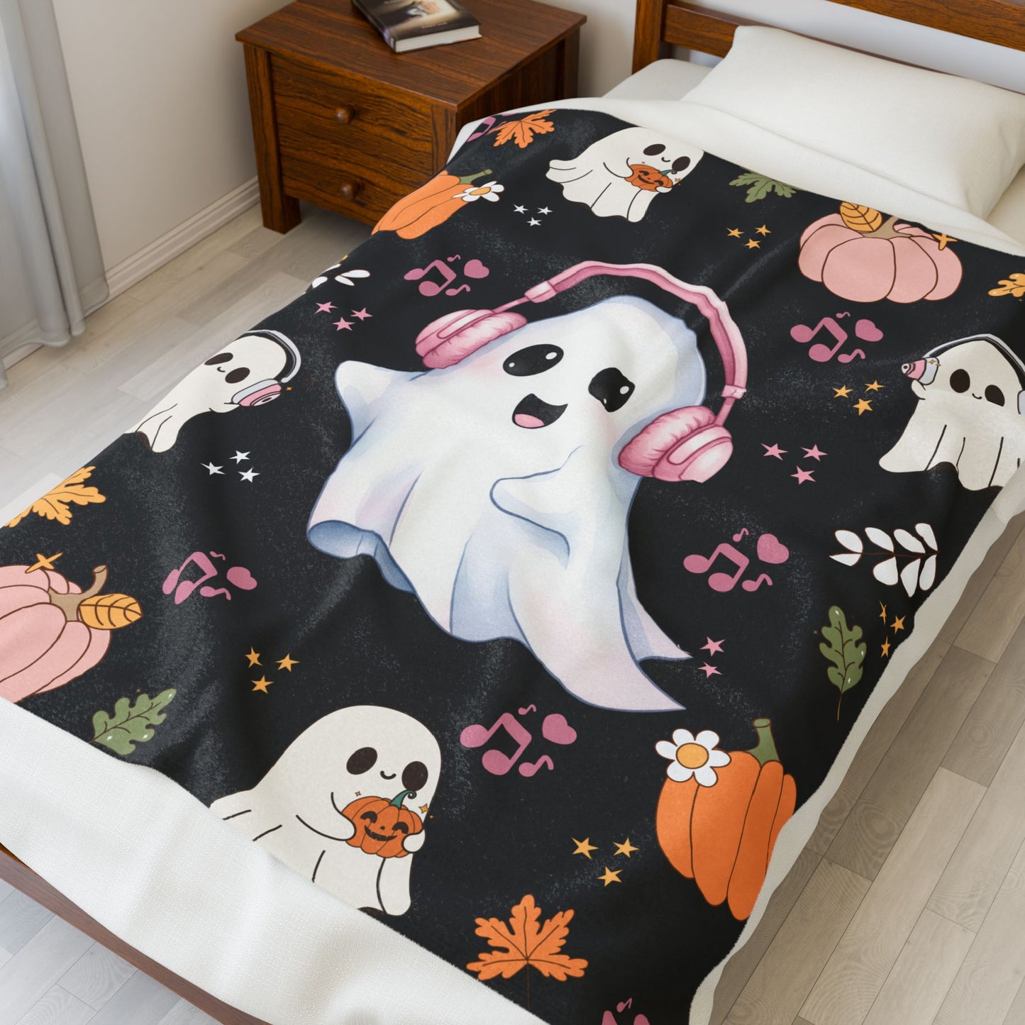 Cozy Halloween Ghost Blanket, Velveteen Plush Throw, Cute Fall Decor, Snuggle Blanket for Kids and Adults, Spooky Season Gift