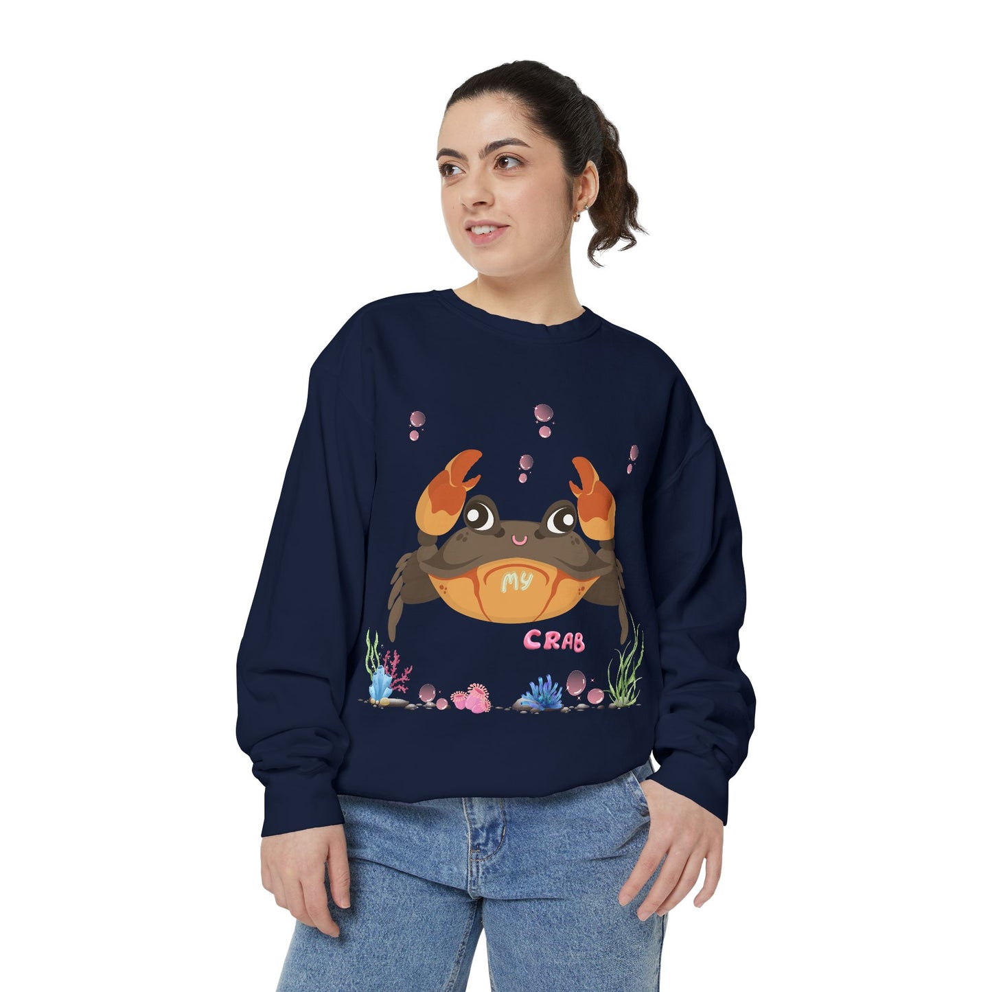 Crab with subtle bubbles and underwater flora Unisex Garment-Dyed Sweatshirt