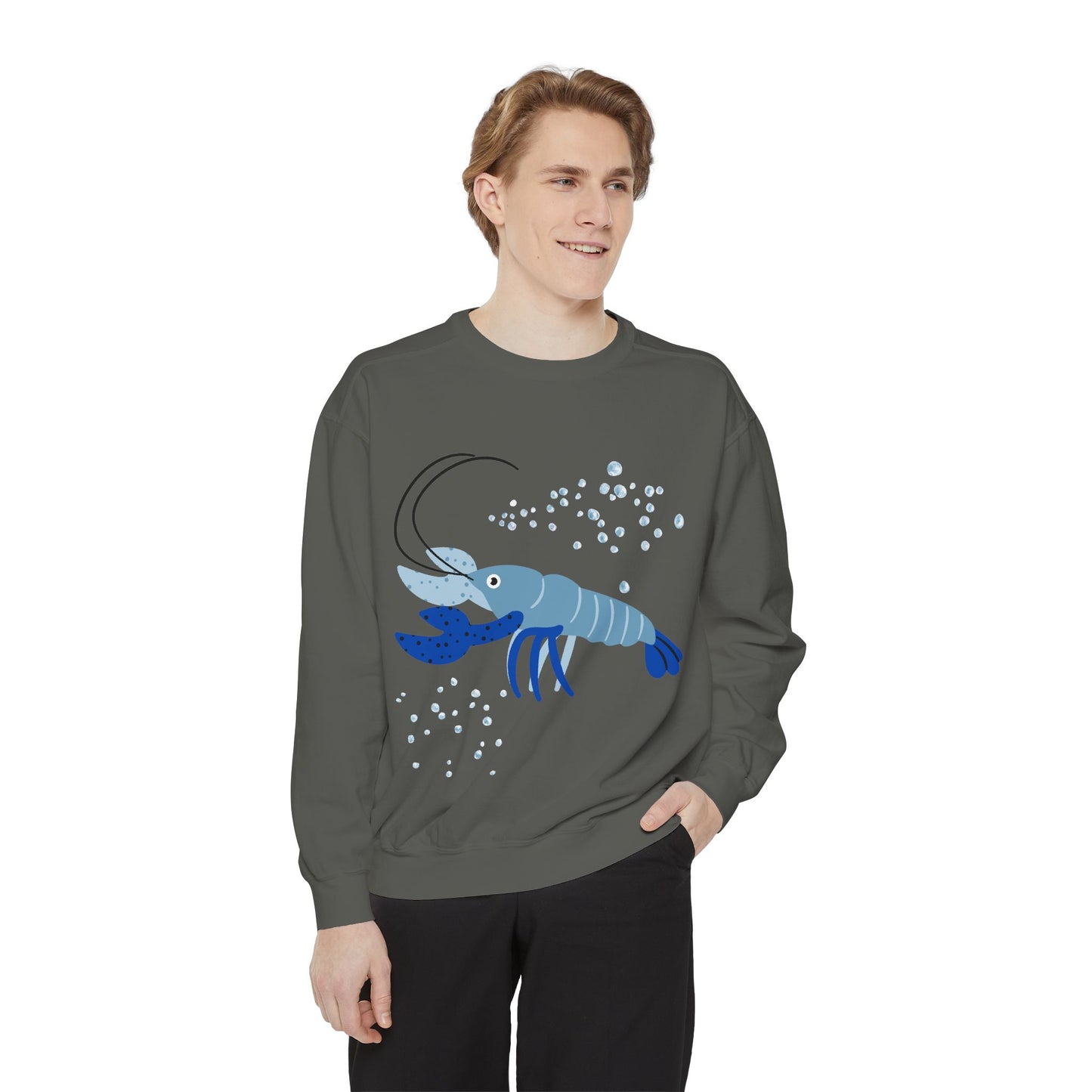 Blue shrimp with dark blue claws and bubbles Unisex Garment-Dyed Sweatshirt