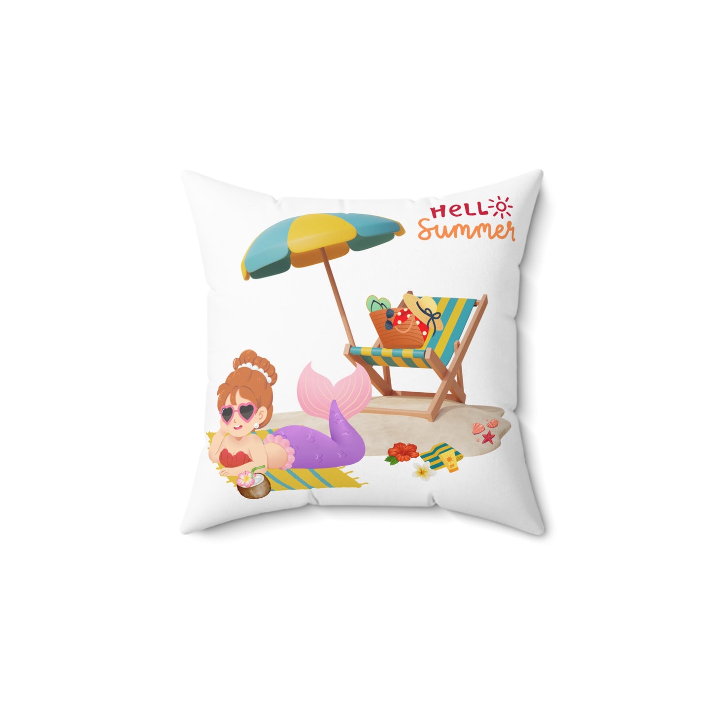 Mermaid lounging on a beach towel Spun Polyester Square Pillow