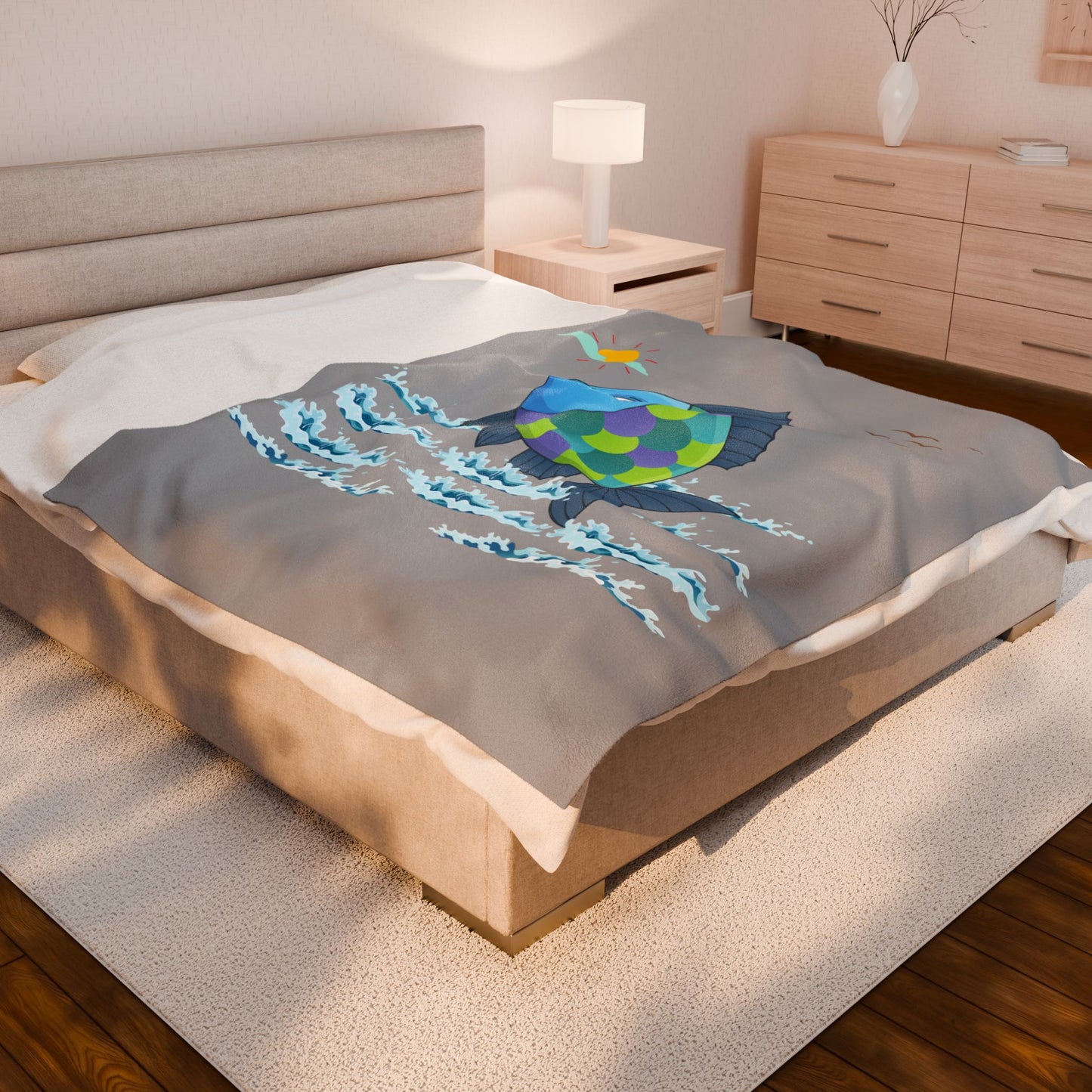 Fish with a sun and birds in the sky above water Velveteen Plush Blanket