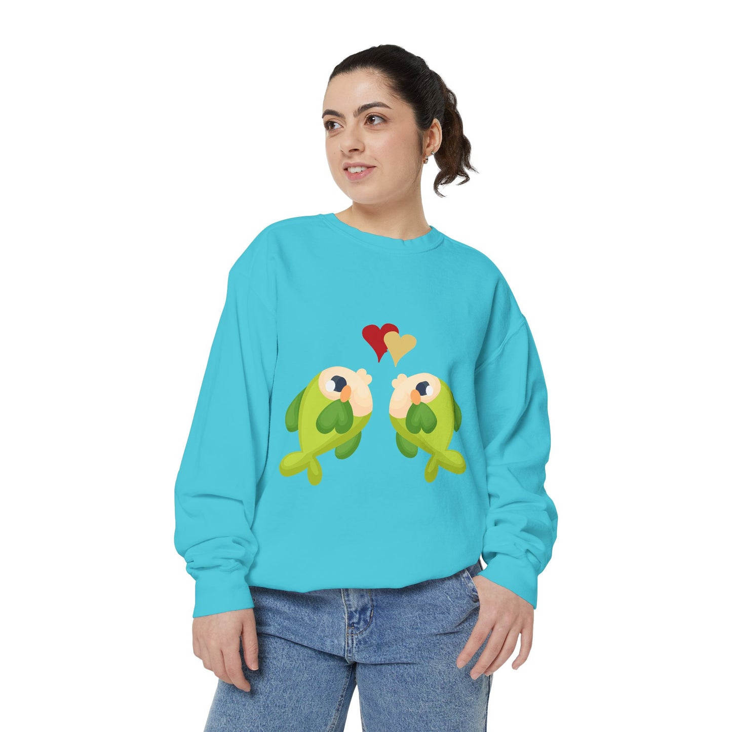Two hearts float between the fish one red and one yellow Unisex Garment-Dyed Sweatshirt