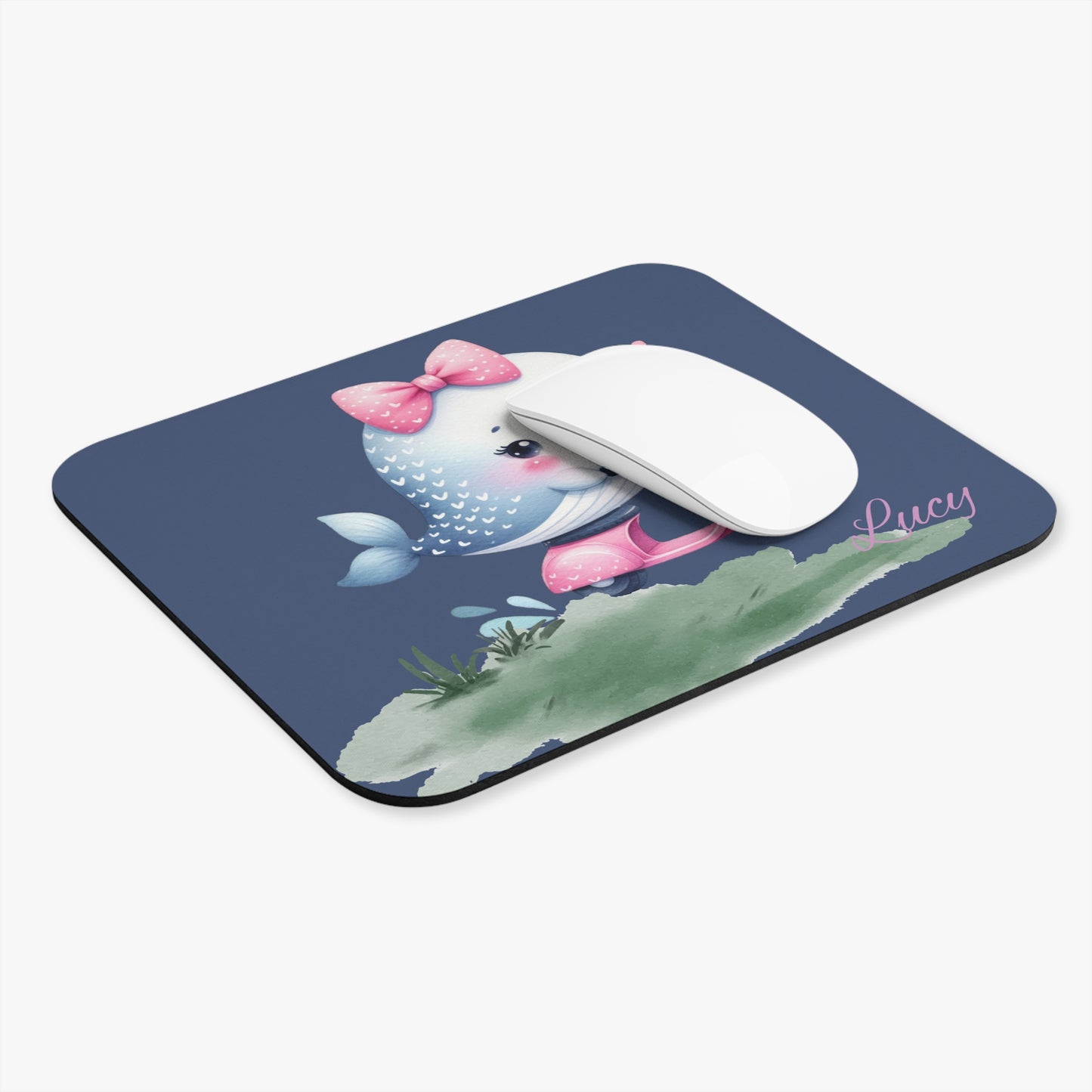 Cute Whale on Scooter Mouse Pad — Personalized 'Lucy' Navy Desk Mat for Kids & Gift