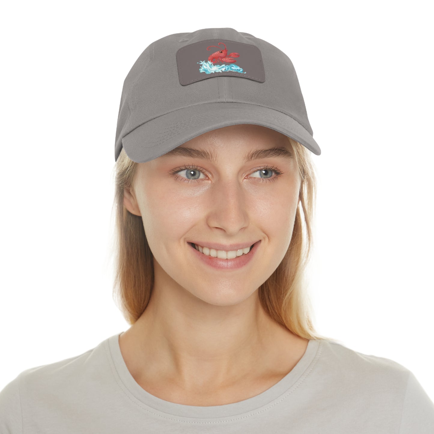 Cheerful red lobster emerging from stylized blue waves Dad Hat with Leather Patch (Rectangle)