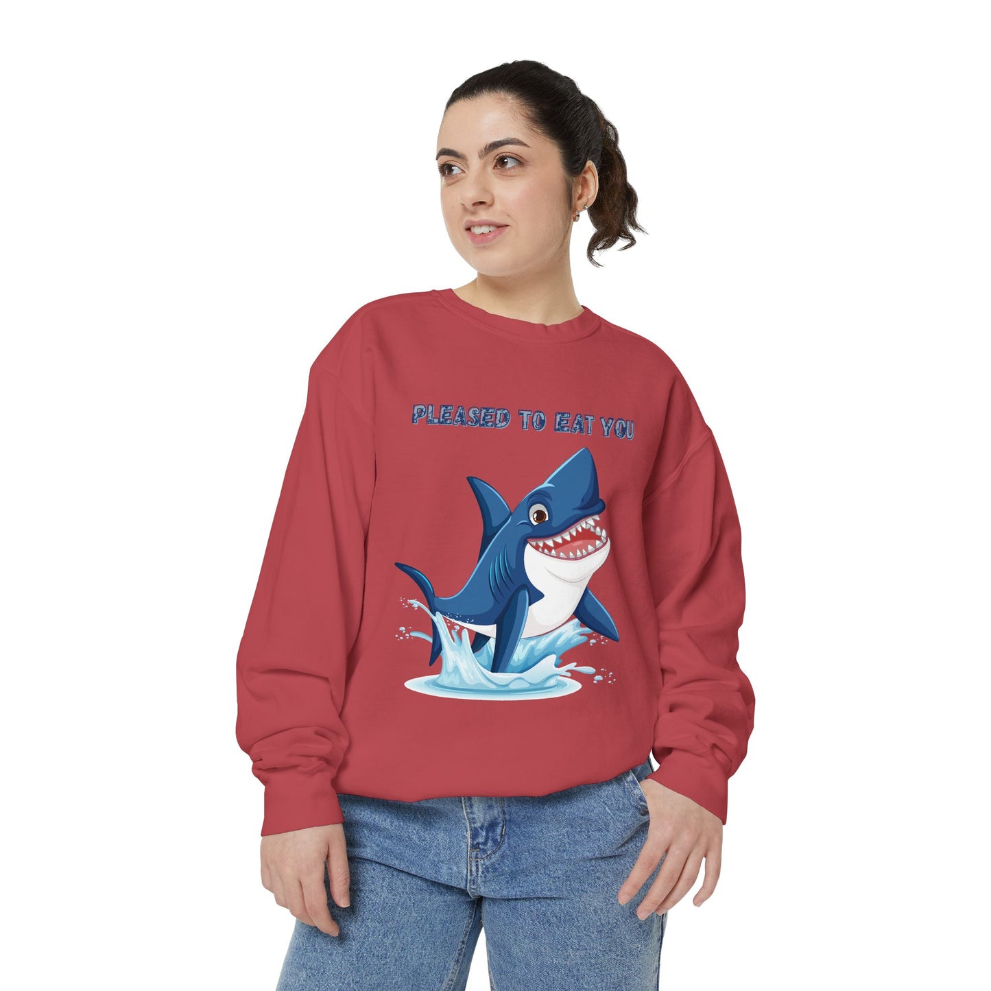 Humorous cartoon shark with threatening text Unisex Garment-Dyed Sweatshirt