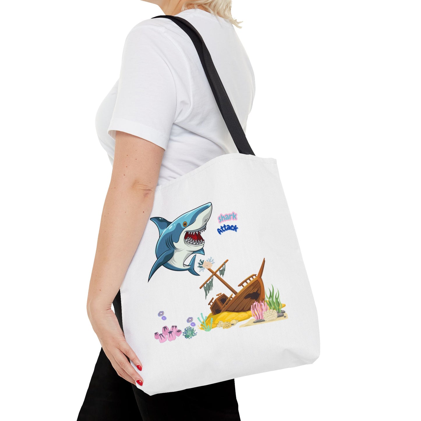 Shark ship colorful coral reef Tote Bag