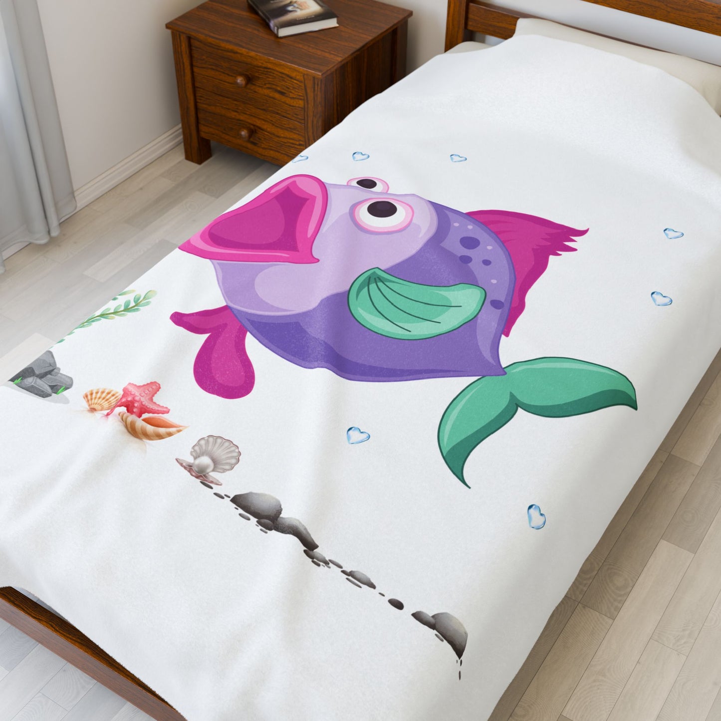 Fish with open mouth bubbles and underwater flora Velveteen Plush Blanket