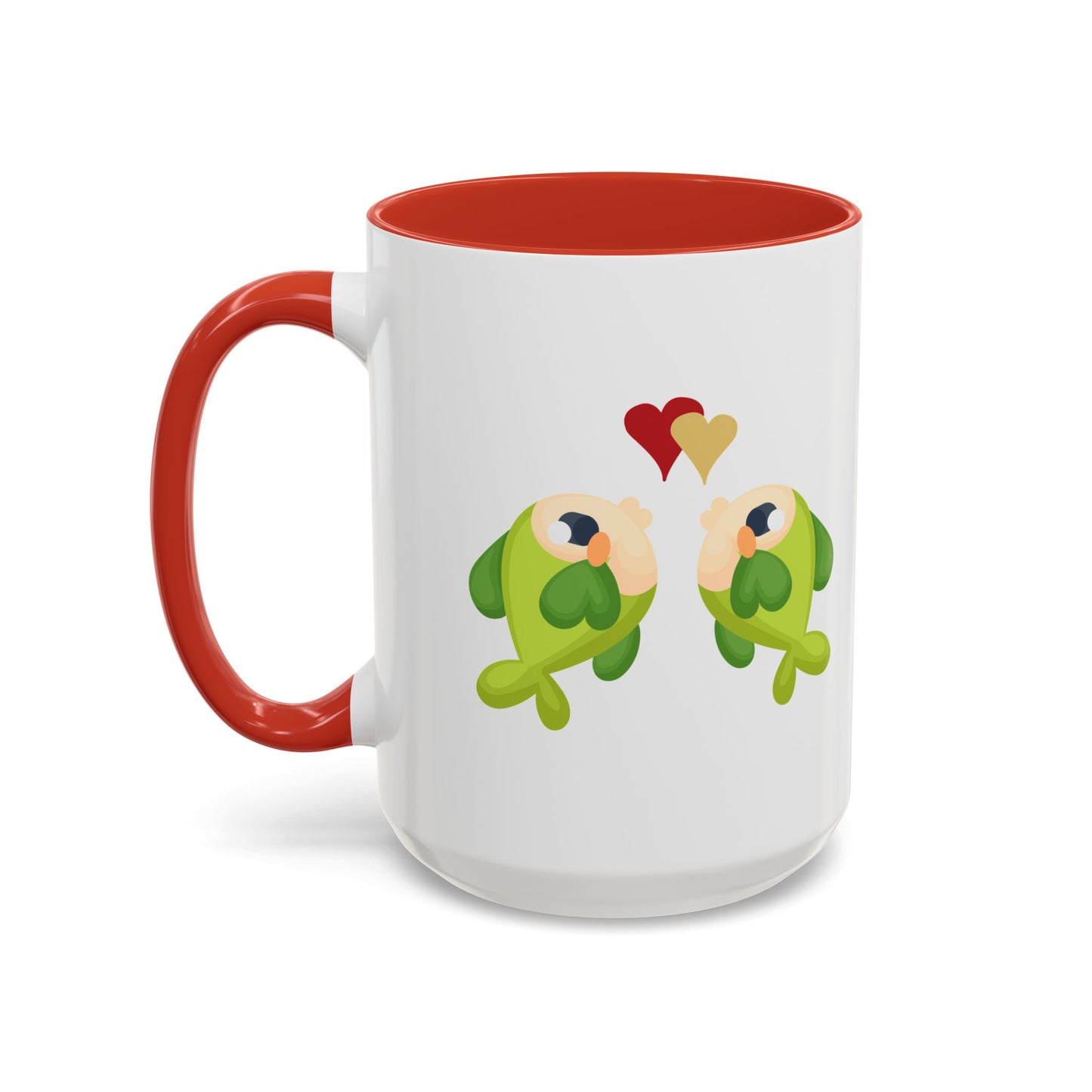 Two hearts float between the fish one red and one yellow. Coffee Mug