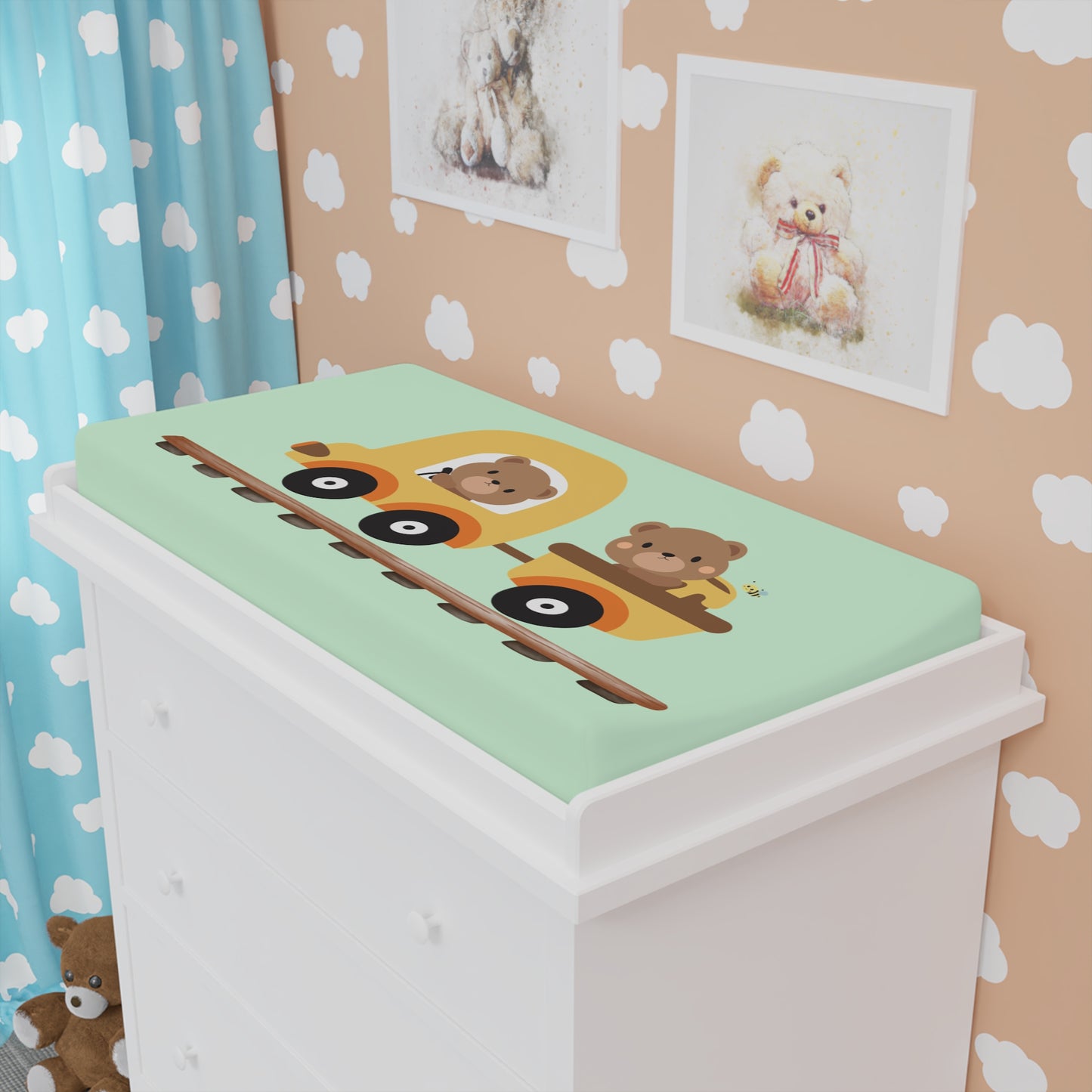 Changing Pad Cover - Cute Bear Train Design (Mint)