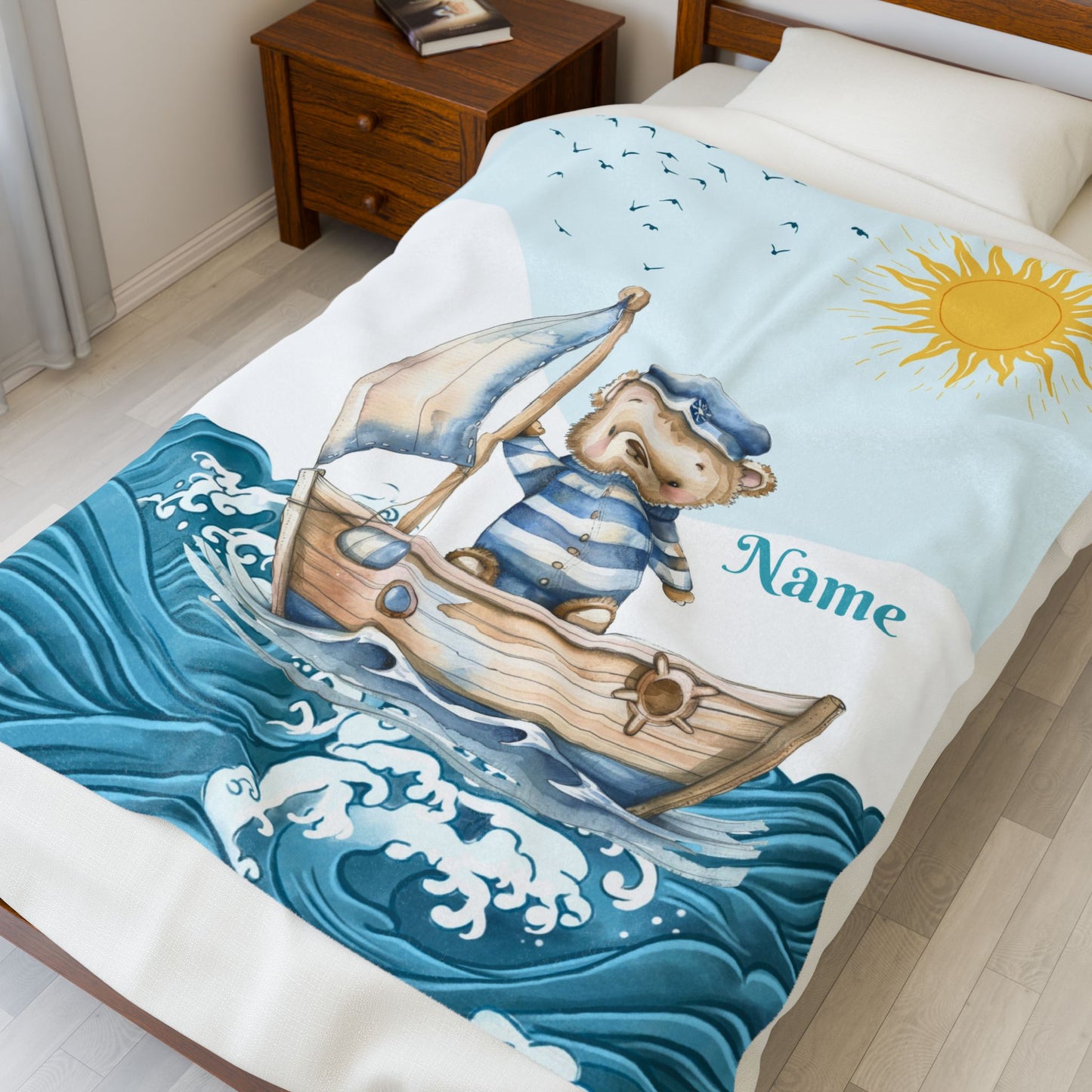 Nautical Bear Plush Blanket, Personalized Baby Blanket, Nursery Decor, Gift for New Parents, Cozy Blanket for Kids
