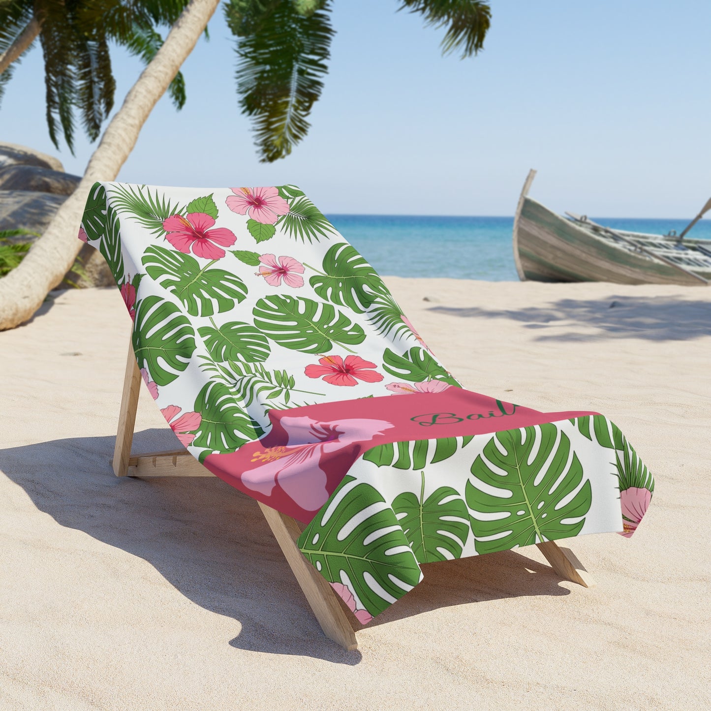 Personalized Tropical Hibiscus Beach Towel – Monstera Leaf & Pink Floral Design