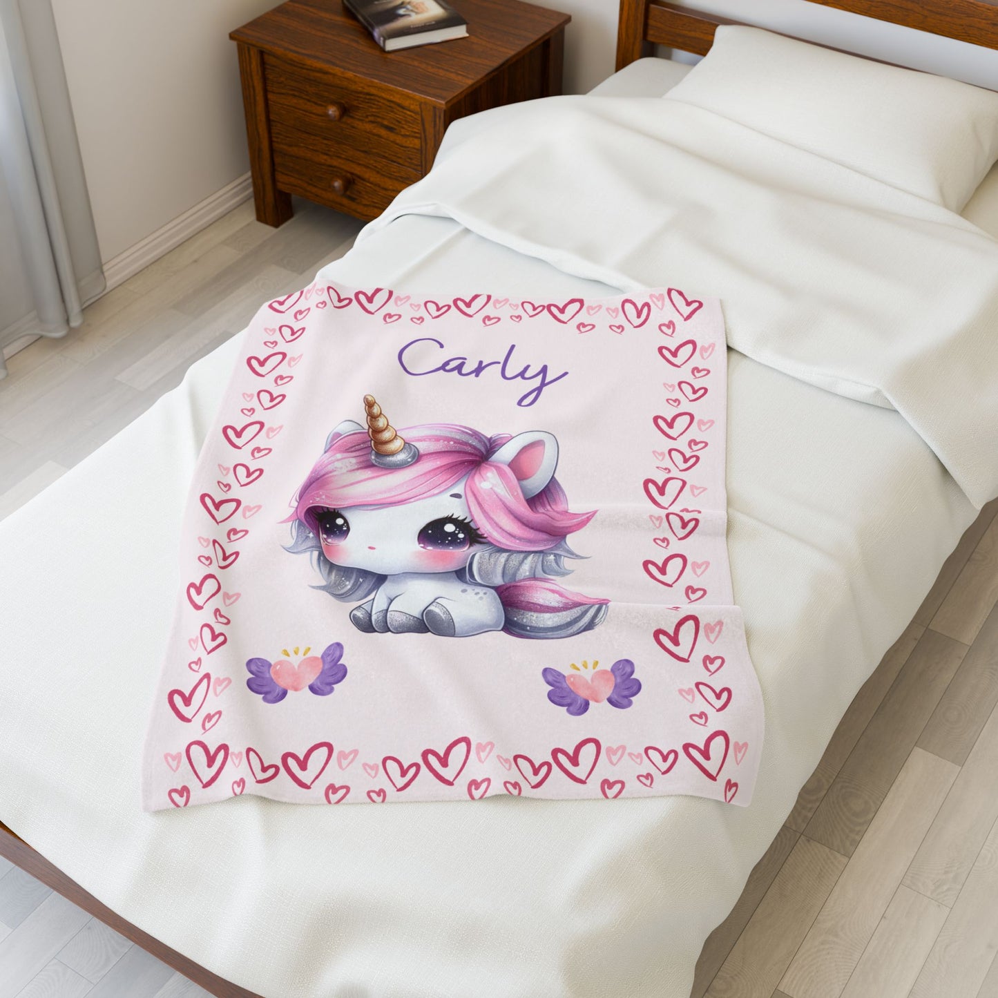 Personalized Unicorn Velveteen Plush Blanket, Custom Baby Blanket, Kids Blanket, Cozy Gift, Soft Throw Blanket, Nursery Decor