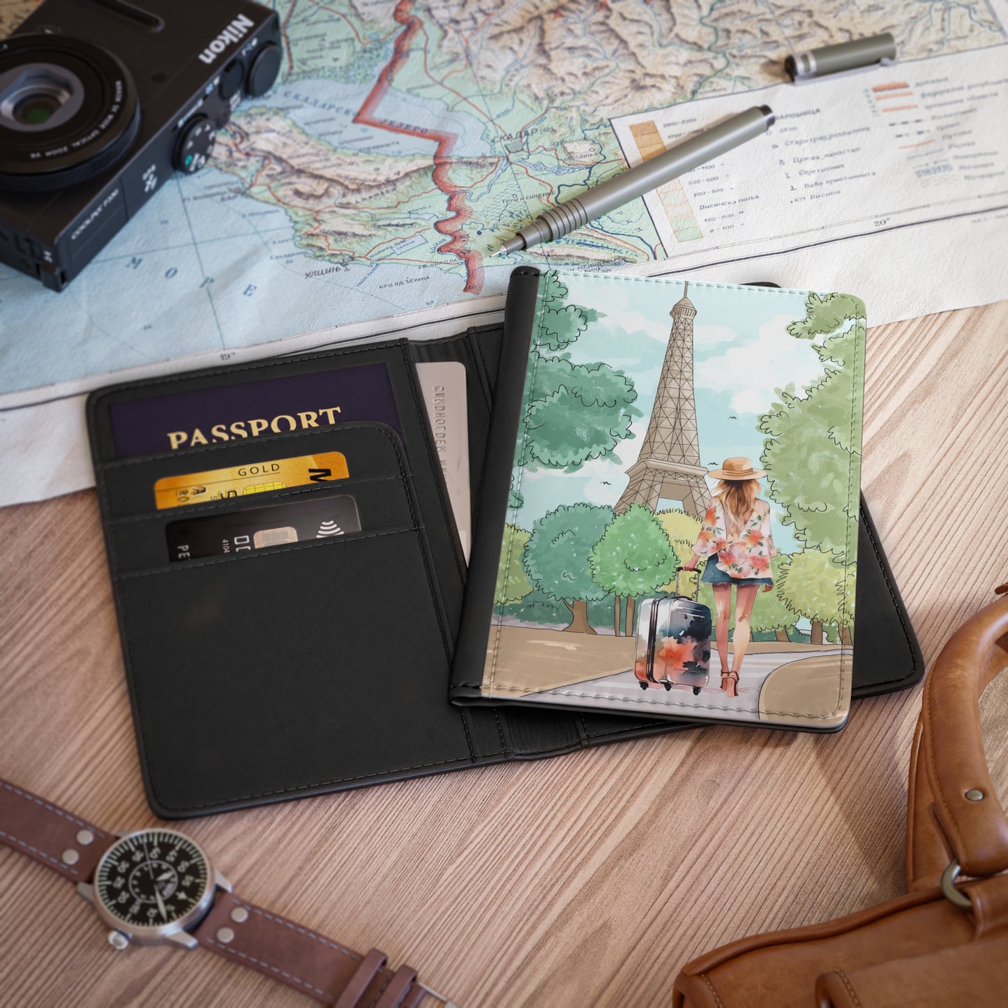 Paris Travel Passport Cover — Woman with Luggage by Eiffel Tower