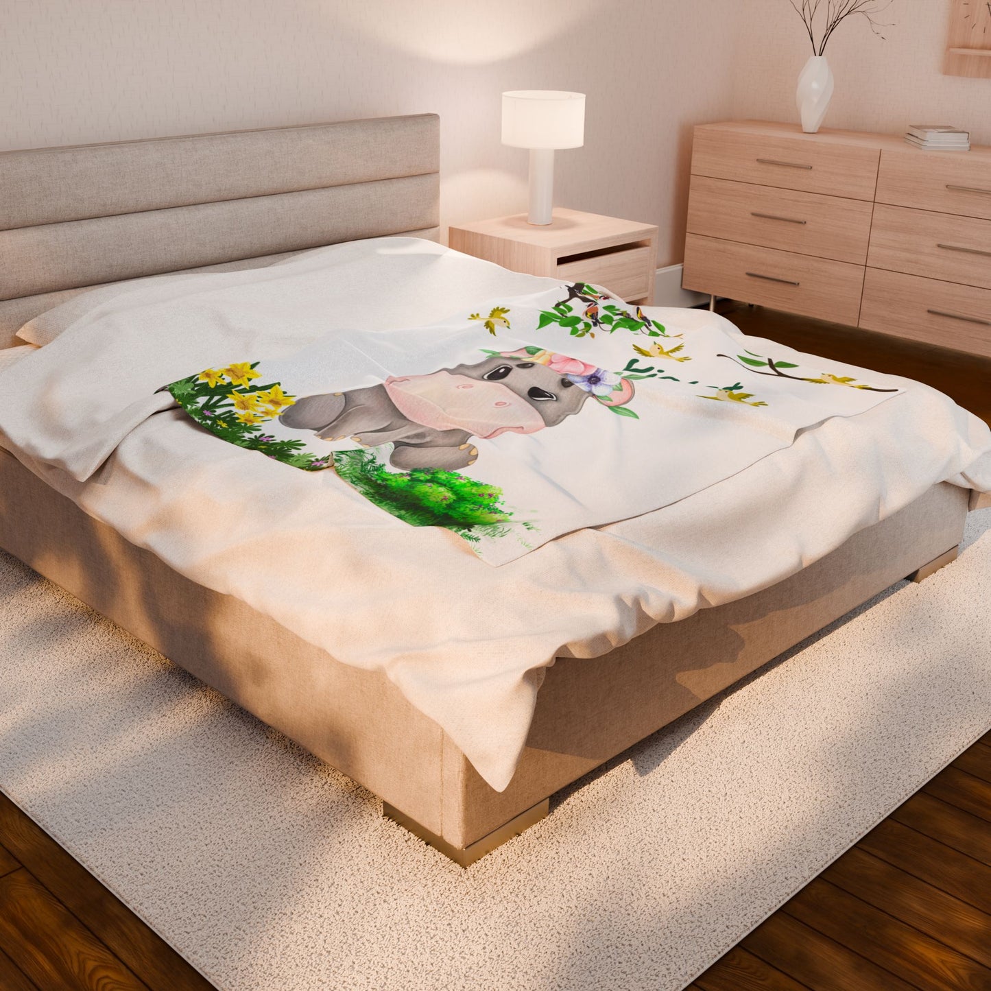 Cozy Velveteen Plush Blanket with Adorable Floral Hippo Design – Perfect for Baby Showers, Gifts, Home Decor, Nursery, Child's Room