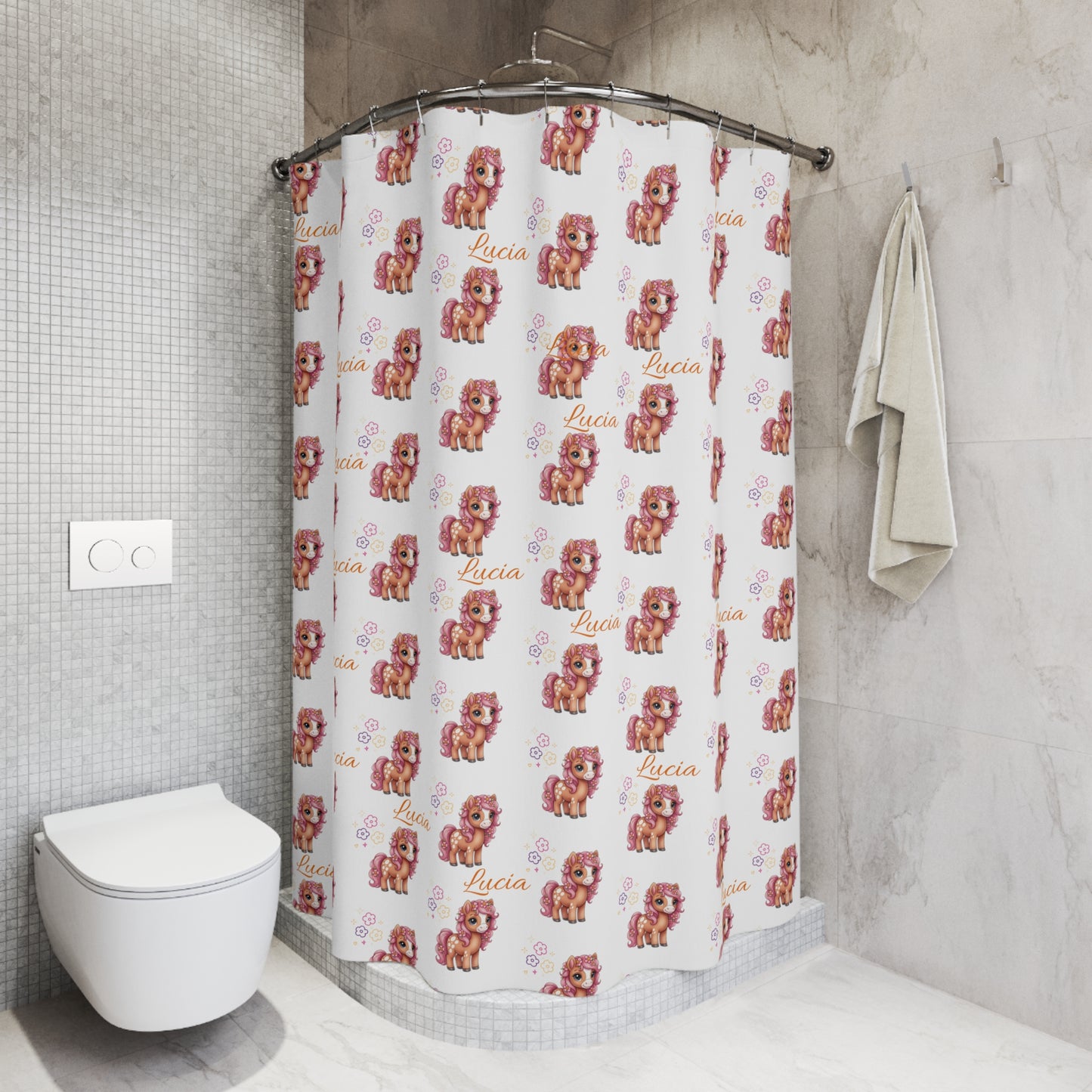 Shower Curtain — Personalized Pink Pony Pattern (Custom Name 'Lucia')