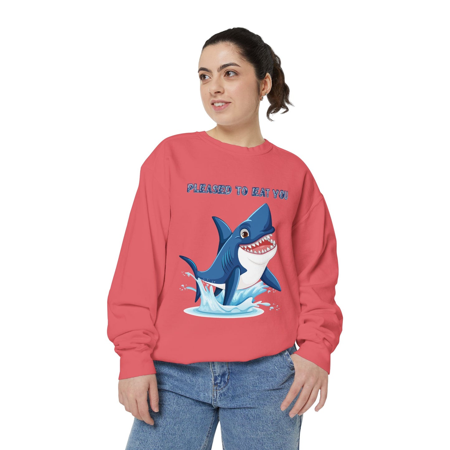 Humorous cartoon shark with threatening text Unisex Garment-Dyed Sweatshirt