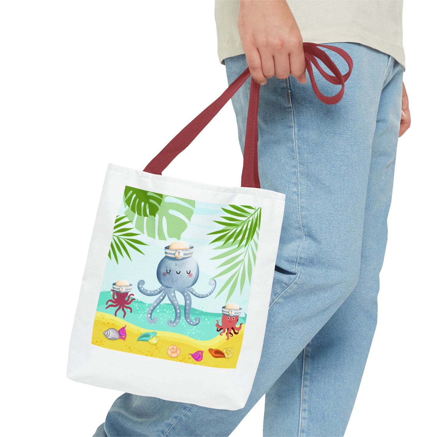 Octopus on a beach scene with tropical Tote Bag