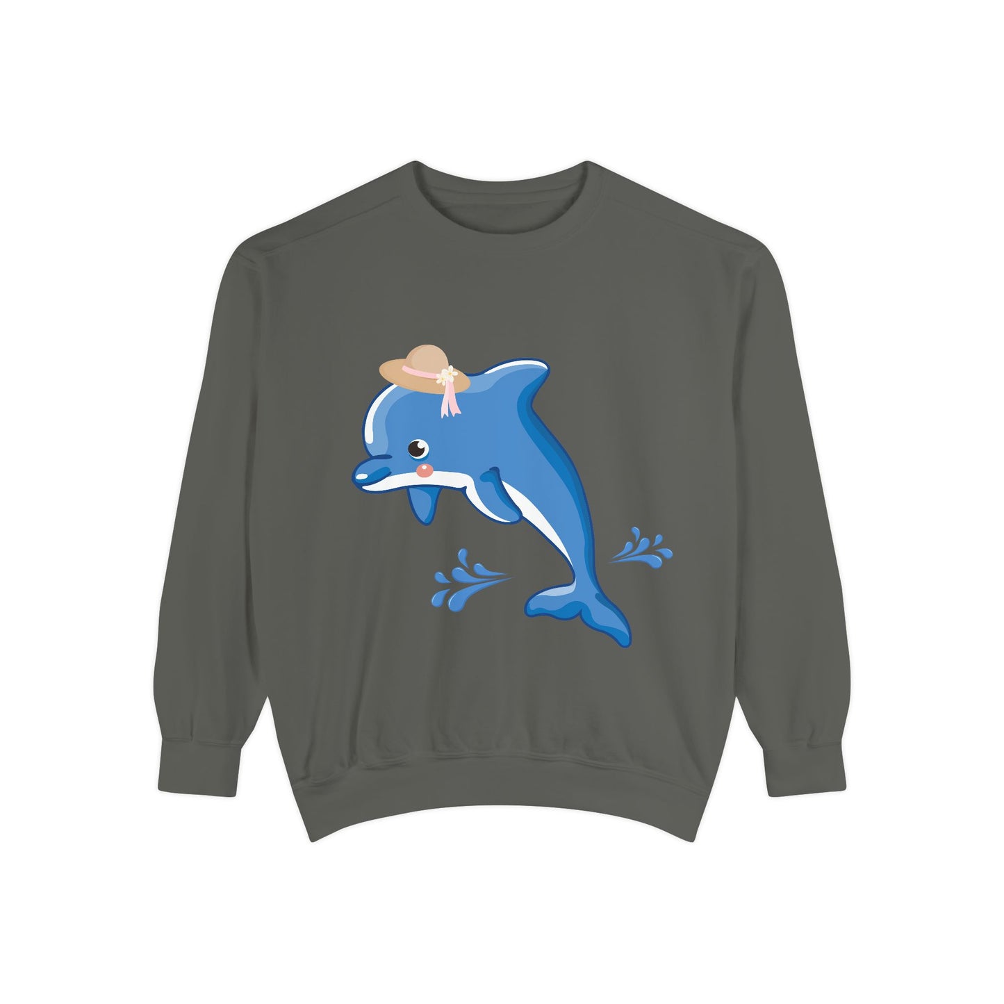 Dolphin wearing a straw hat with stylized water splashes Unisex Garment-Dyed Sweatshirt