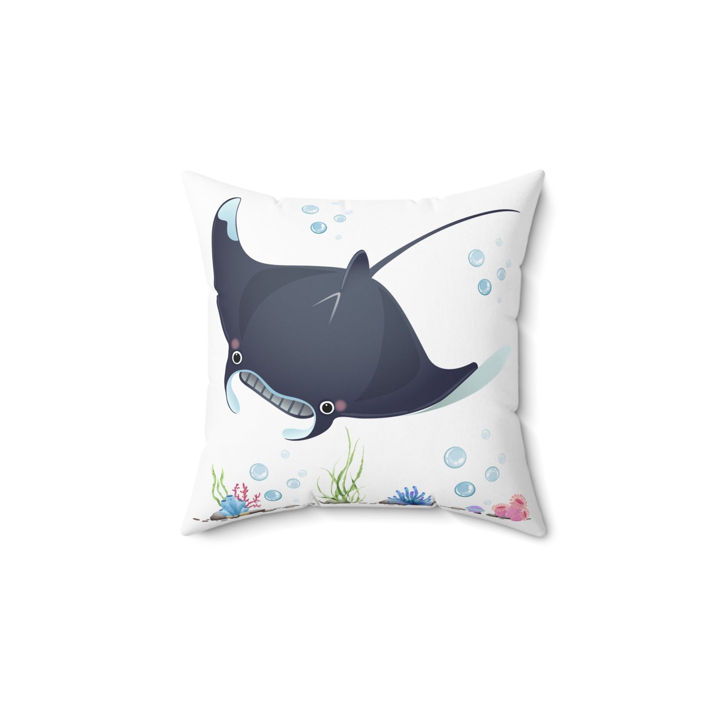 Manta ray with bubbles and coral reef Spun Polyester Square Pillow