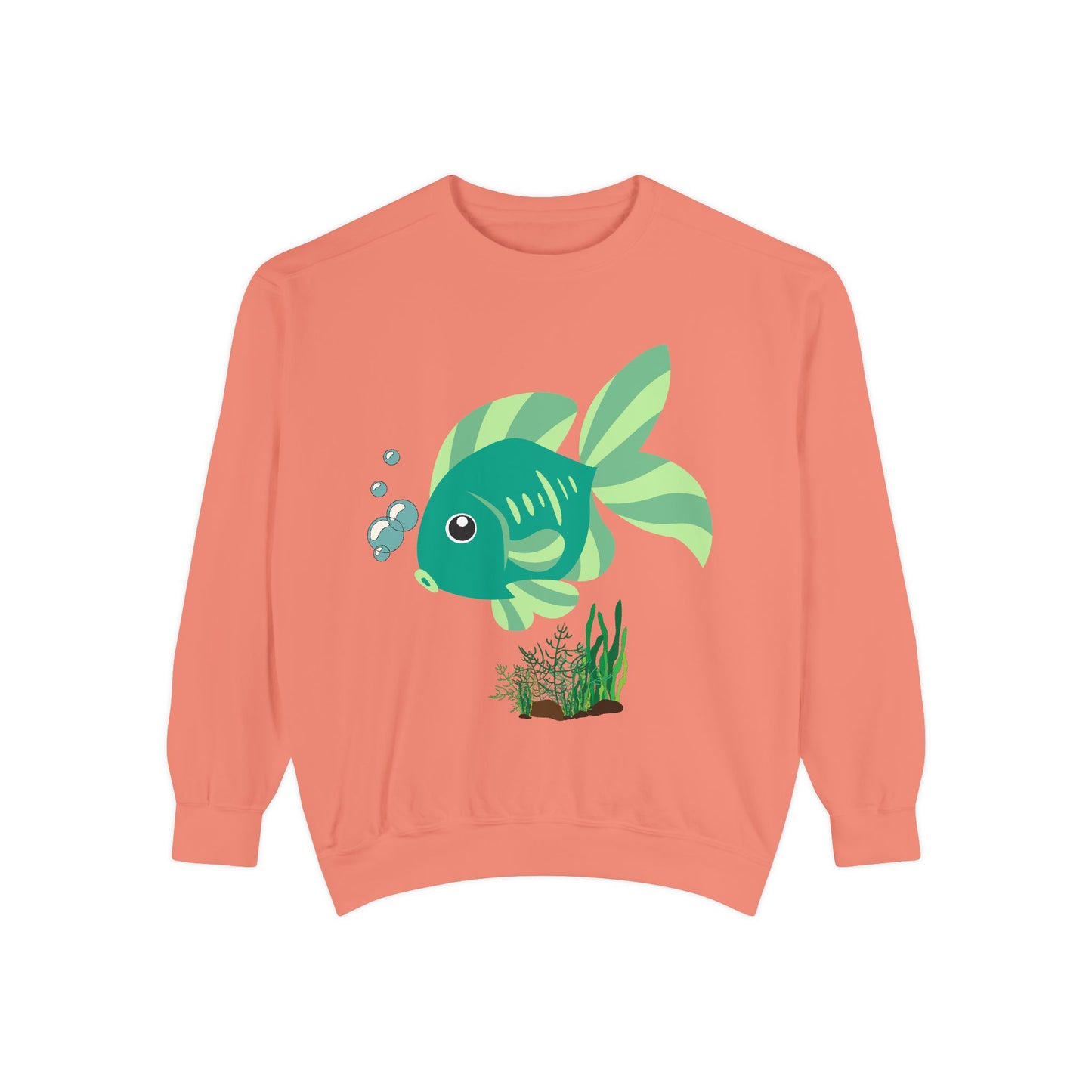 Green fish with bubbles and aquatic plants Unisex Garment-Dyed Sweatshirt