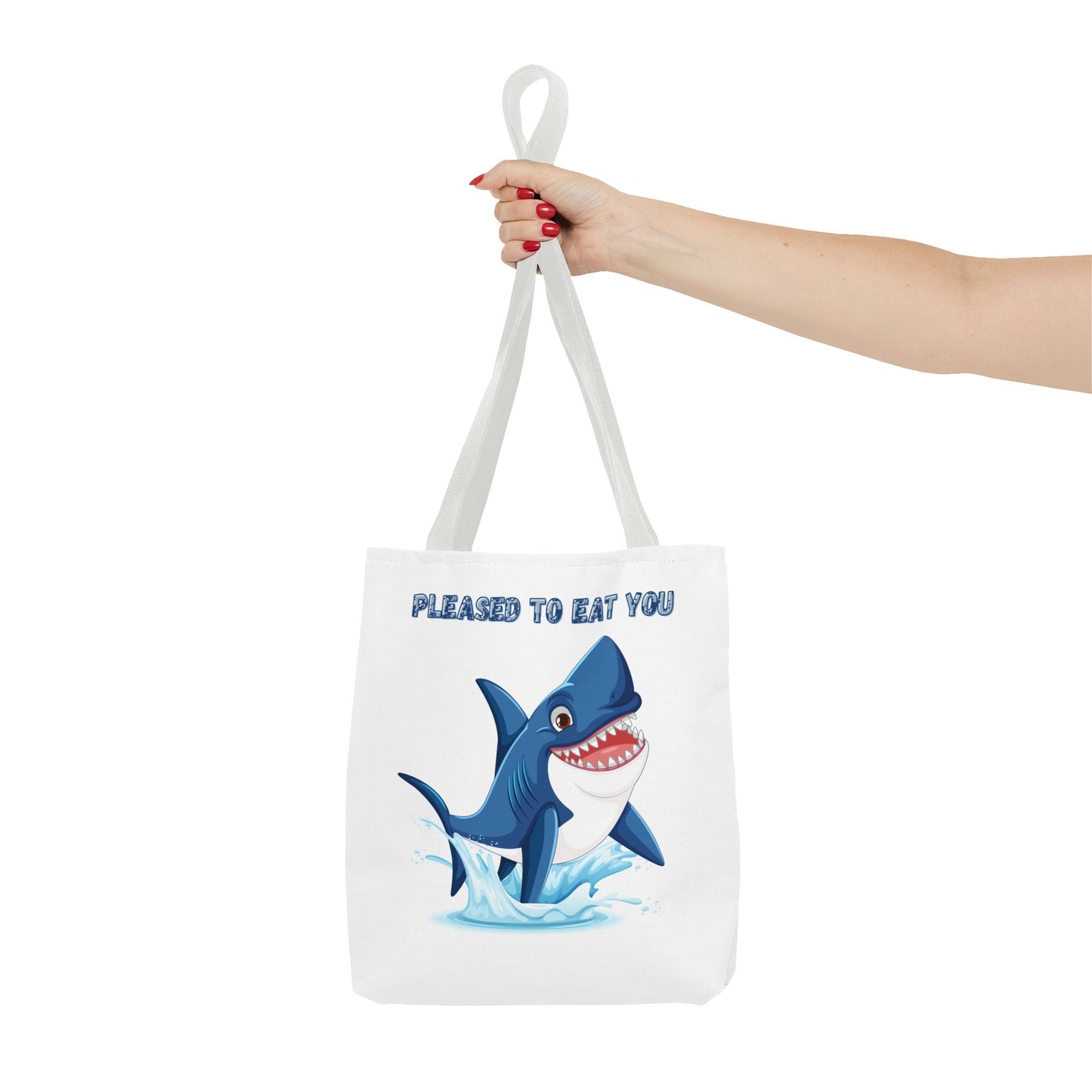 Humorous cartoon shark with threatening text Tote Bag