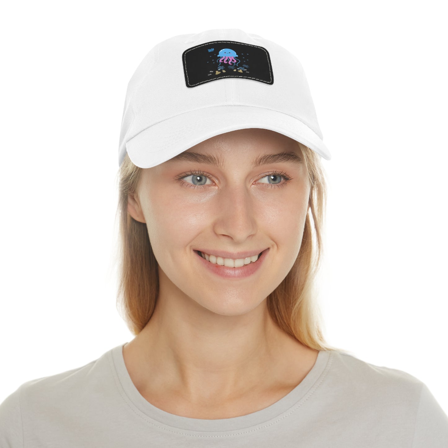 Blue jellyfish with pink tentacles Dad Hat with Leather Patch (Rectangle)