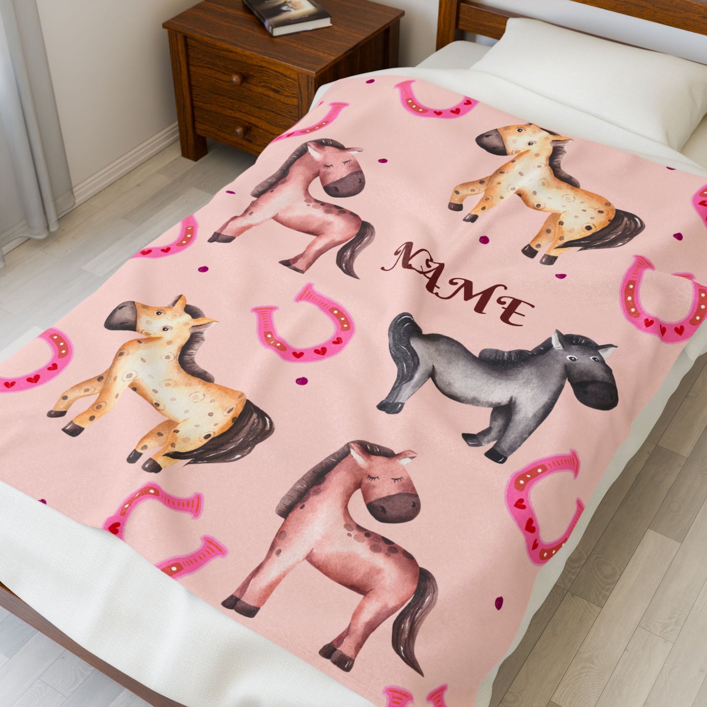 Personalized Horse-Themed Velveteen Plush Blanket, Cozy Nursery Décor, Gifts for Kids, Horse Lover's Gift, Animal Lover Blanket