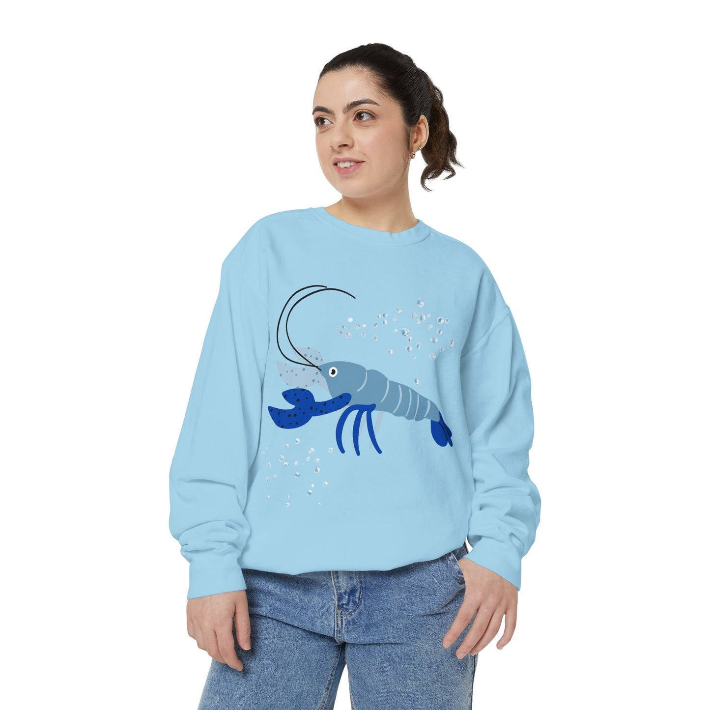 Blue shrimp with dark blue claws and bubbles Unisex Garment-Dyed Sweatshirt