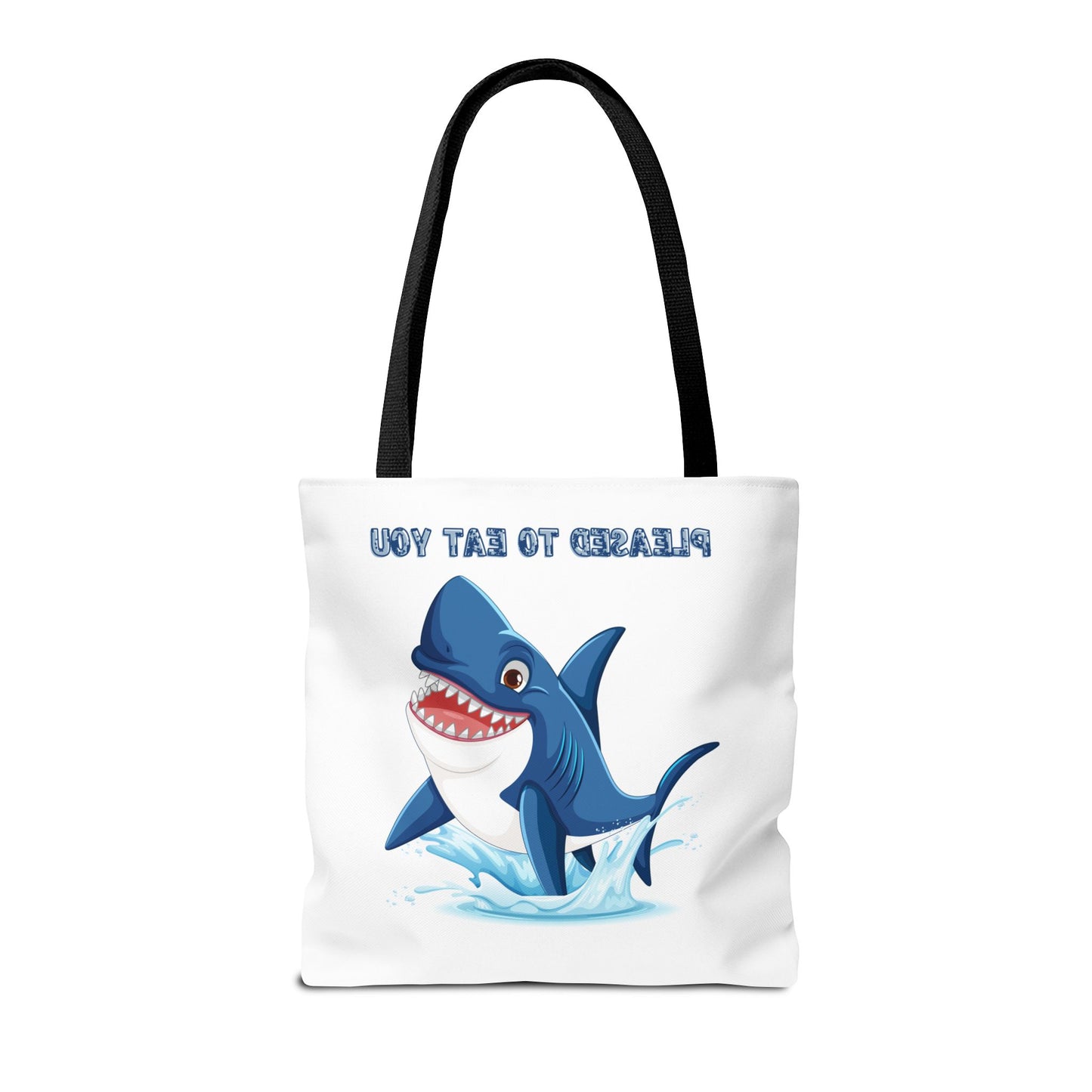 Humorous cartoon shark with threatening text Tote Bag