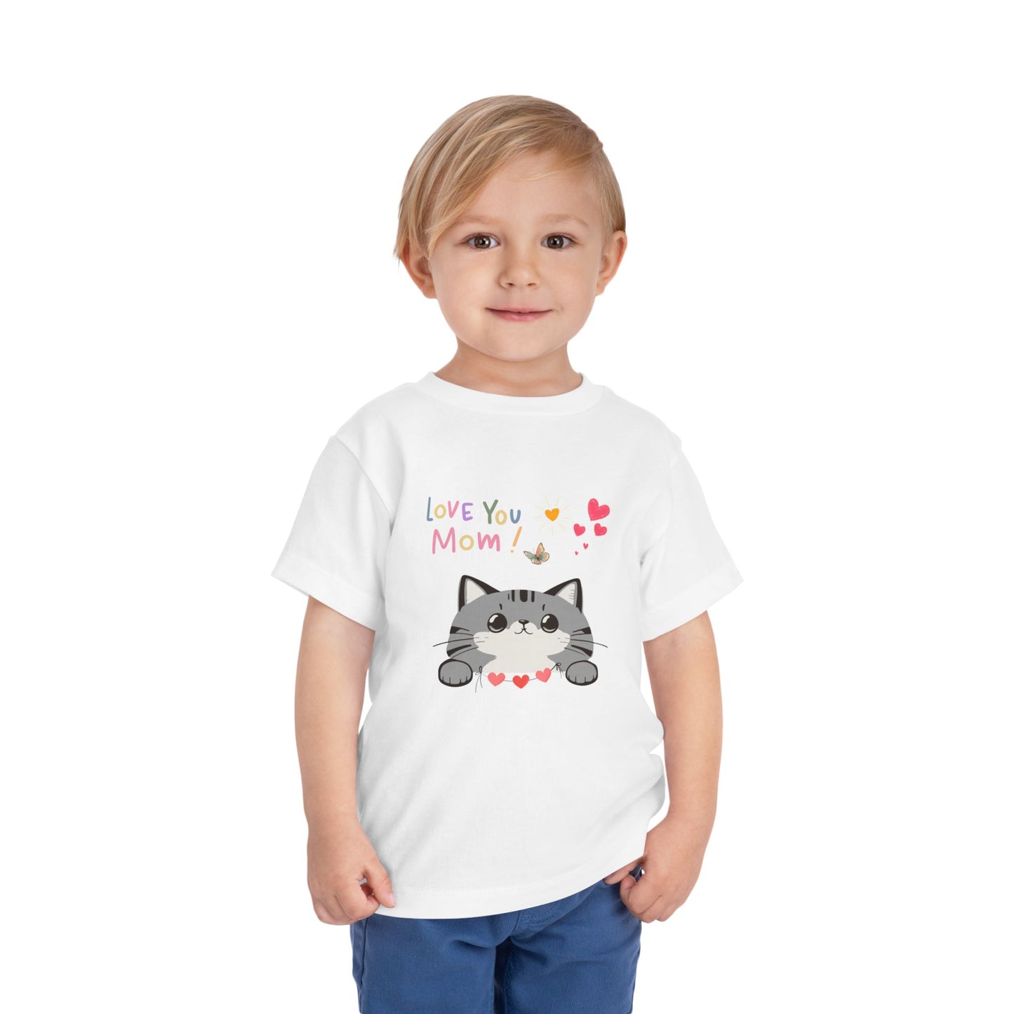 Cute Cat 'Love You Mom' Toddler Tee, Perfect Gift for Mother's Day, Birthday, Playdates, Casual Wear, Cute Kids' Apparel