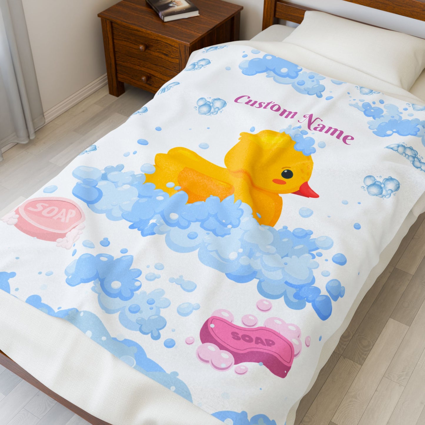 Custom Duck Bath Time Velveteen Plush Blanket, Baby Shower Gift, Nursery Decor, Personalized Blanket, Soft Throw Blanket