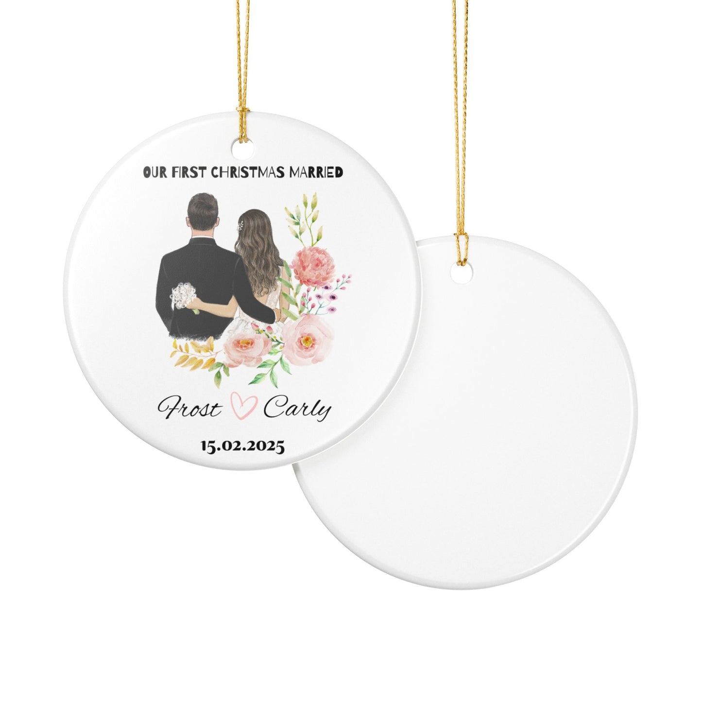 Personalized Wedding Ornament, First Christmas Married Decoration, Newlywed Gift, Couple Keepsake, Floral Holiday Decor
