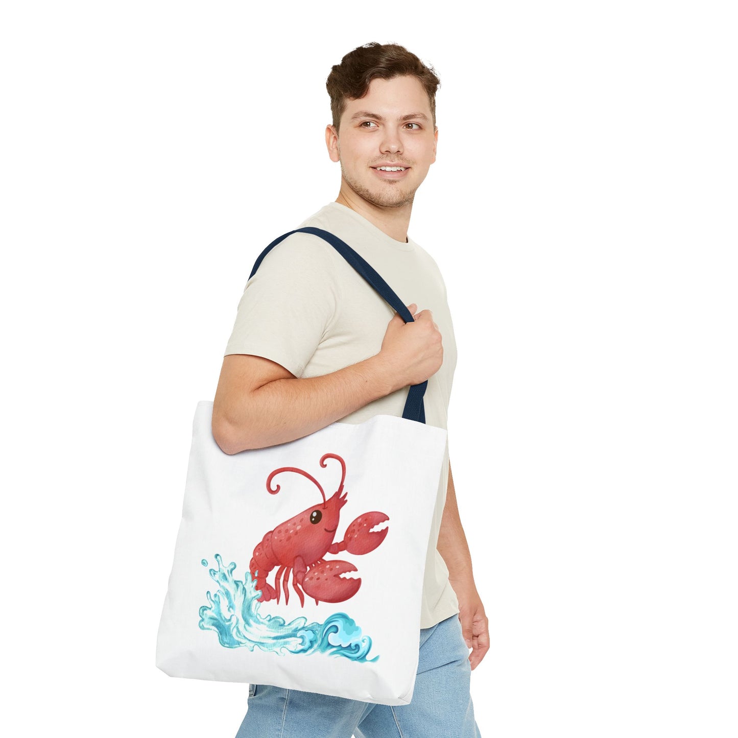 Cheerful red lobster emerging from stylized blue waves Tote Bag