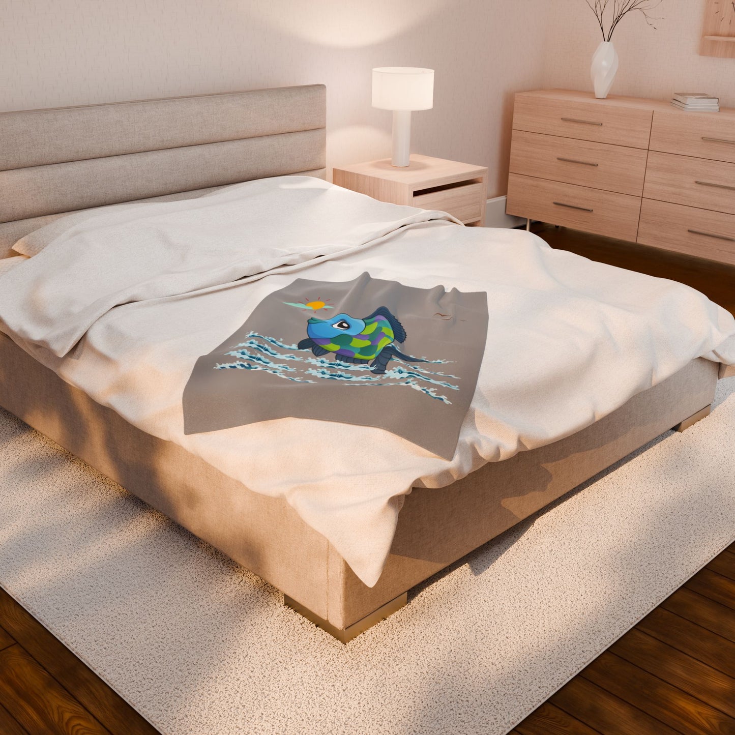 Fish with a sun and birds in the sky above water Velveteen Plush Blanket
