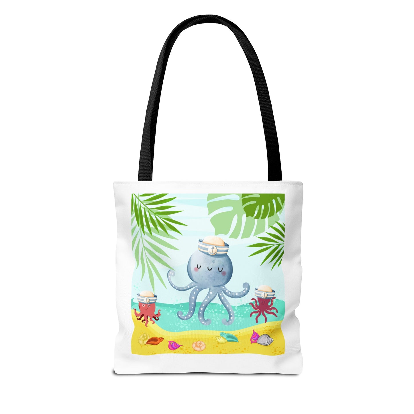 Octopus on a beach scene with tropical Tote Bag