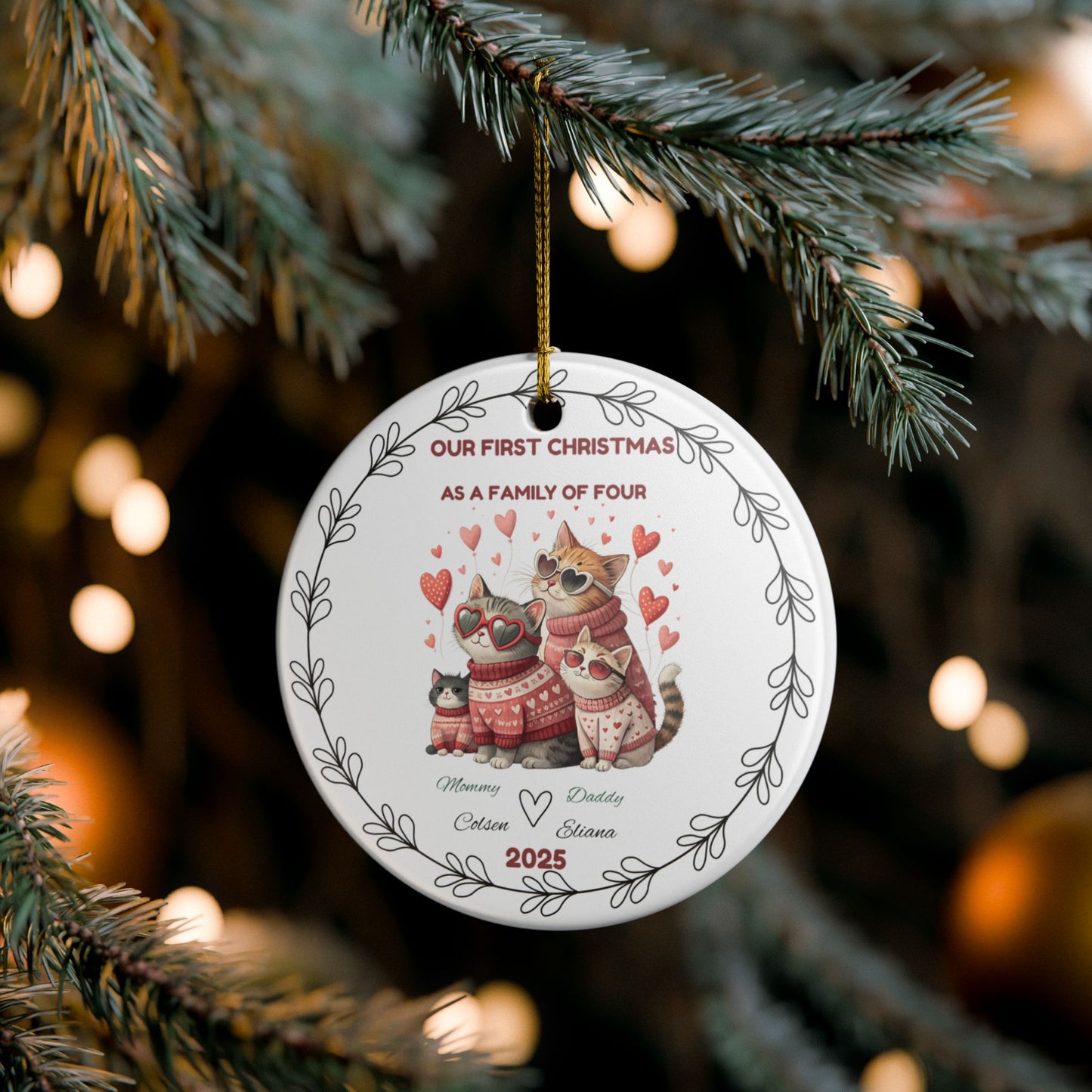 Cute Cat Family Christmas Ornament, Personalized Holiday Decoration, Family of Four Keepsake, Pet Lover Gift, Christmas Tree Decor