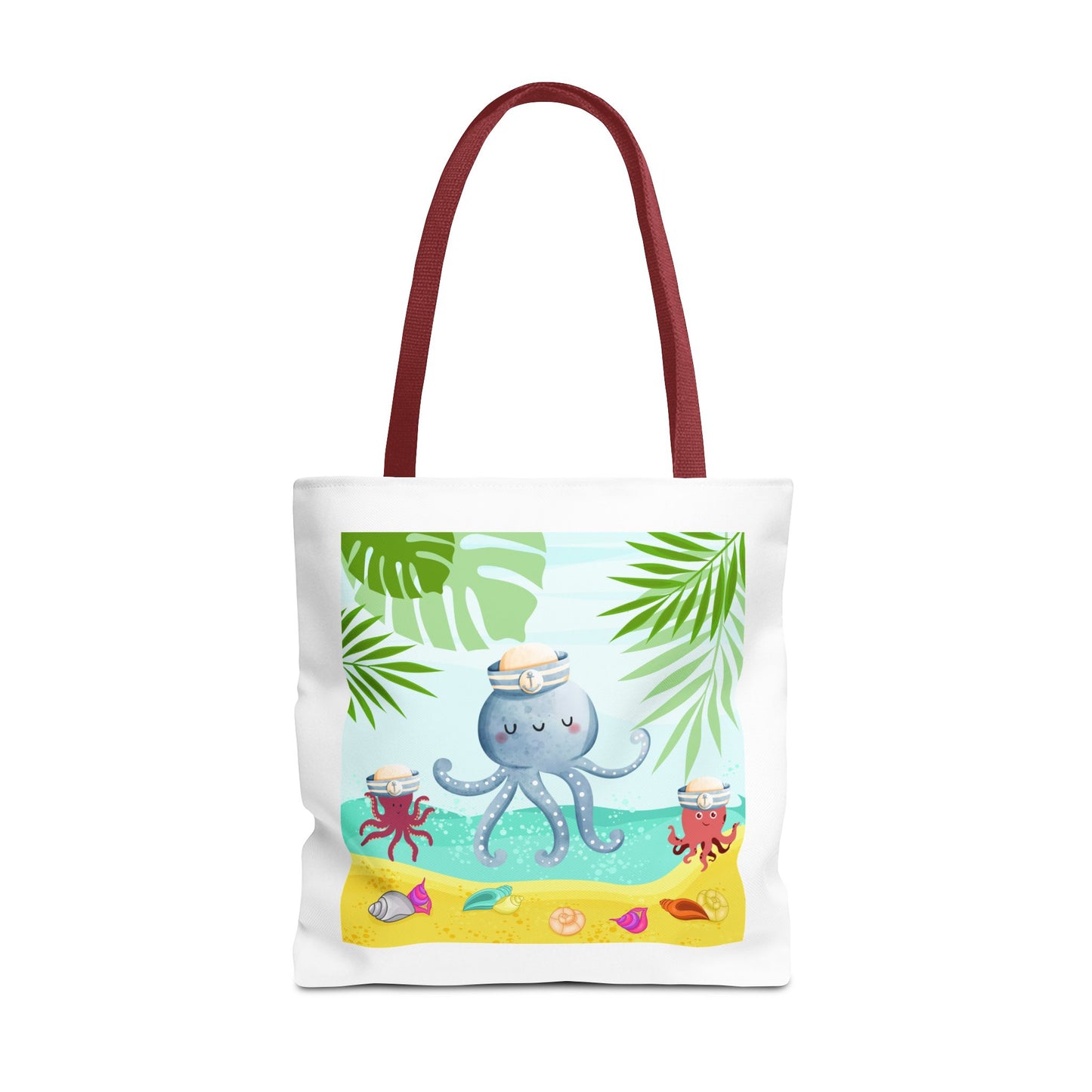 Octopus on a beach scene with tropical Tote Bag