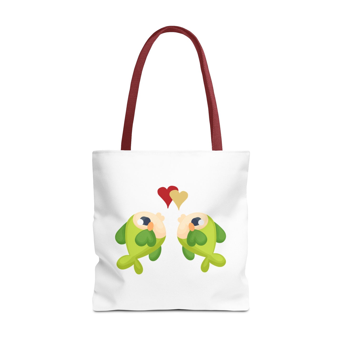 Two hearts float between the fish one red and one yellow. Tote Bag
