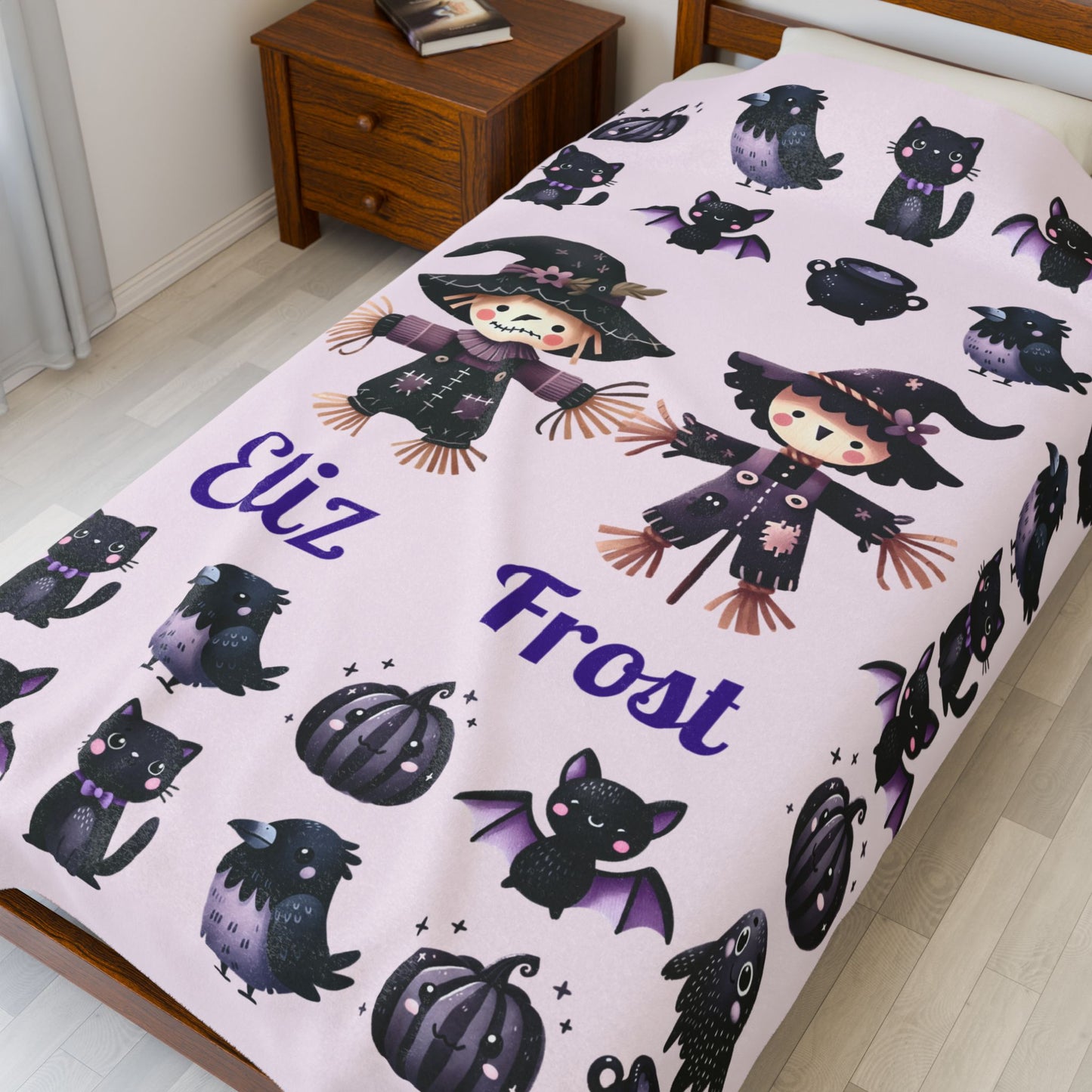 Personalized Halloween Velveteen Plush Blanket | Cozy Fall Decor, Unique Gift, Witch, Cat, Spooky Design, Kids' Bedroom, Halloween