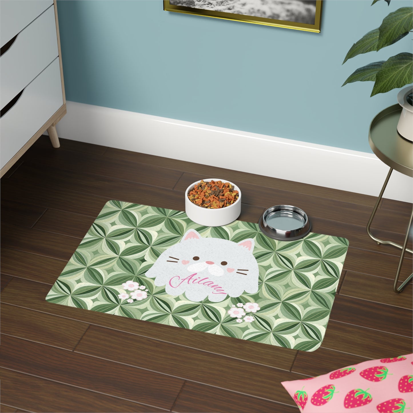 Personalized Cat Pet Food Mat (12x18) — Cute White Kitty on Green Geometric Background