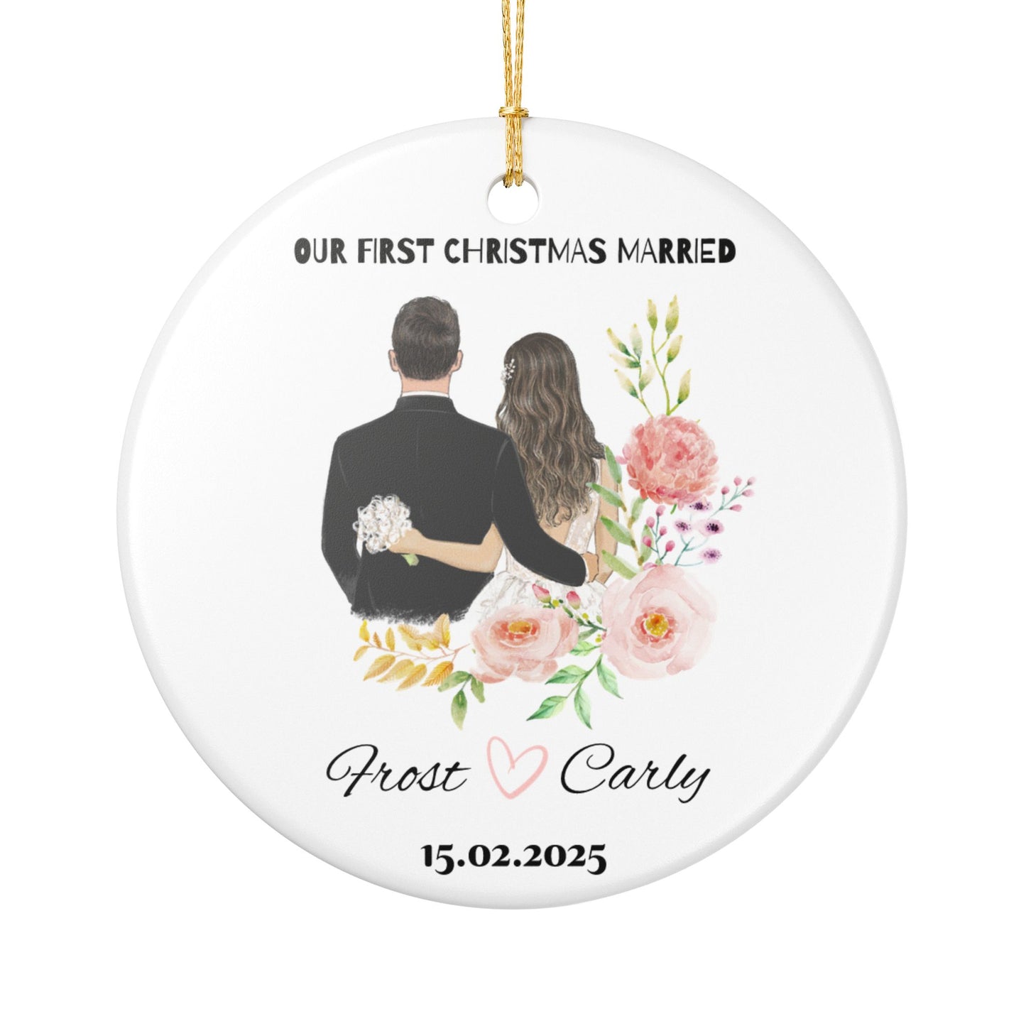 Personalized Wedding Ornament, First Christmas Married Decoration, Newlywed Gift, Couple Keepsake, Floral Holiday Decor