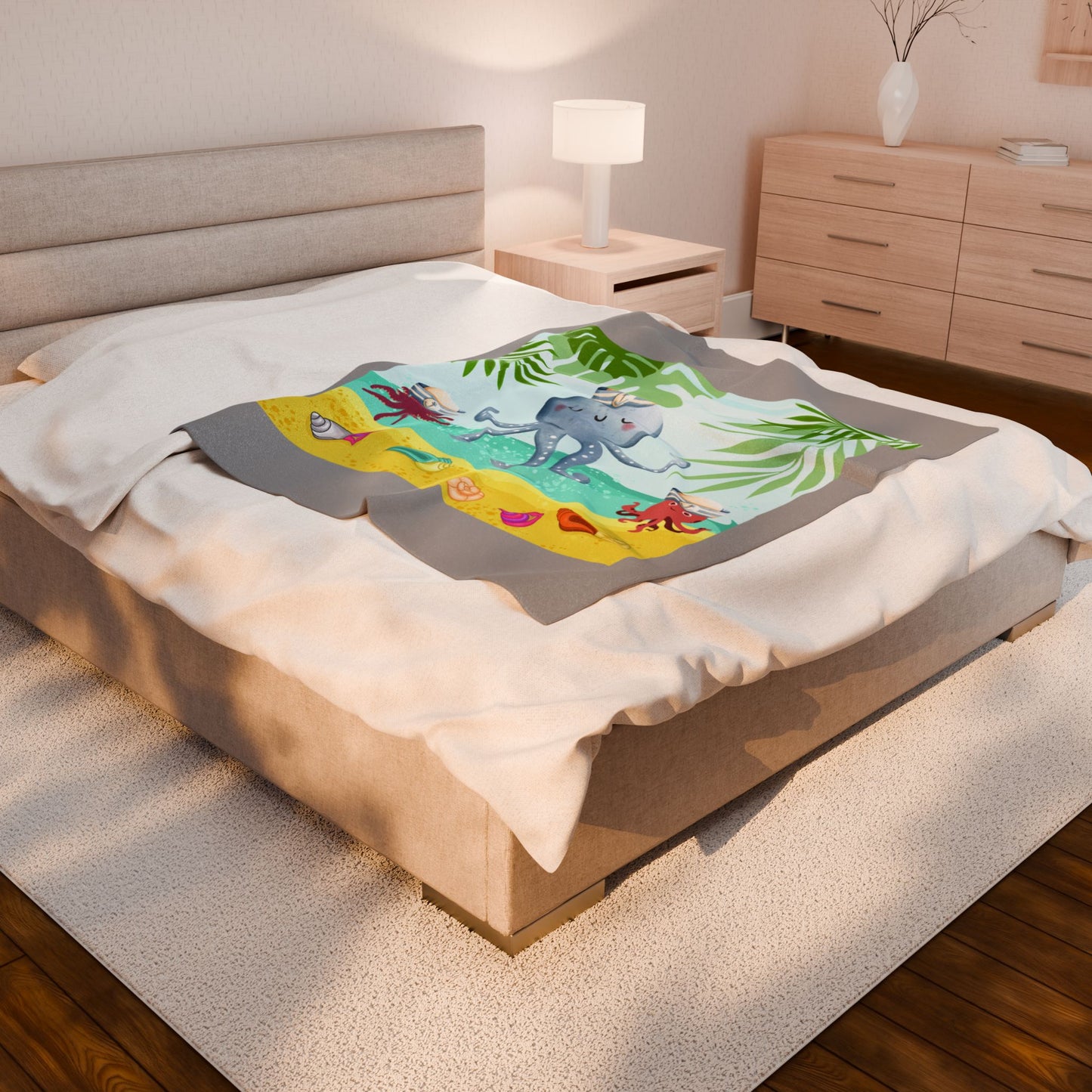 Octopus on a beach scene with tropical Velveteen Plush Blanket
