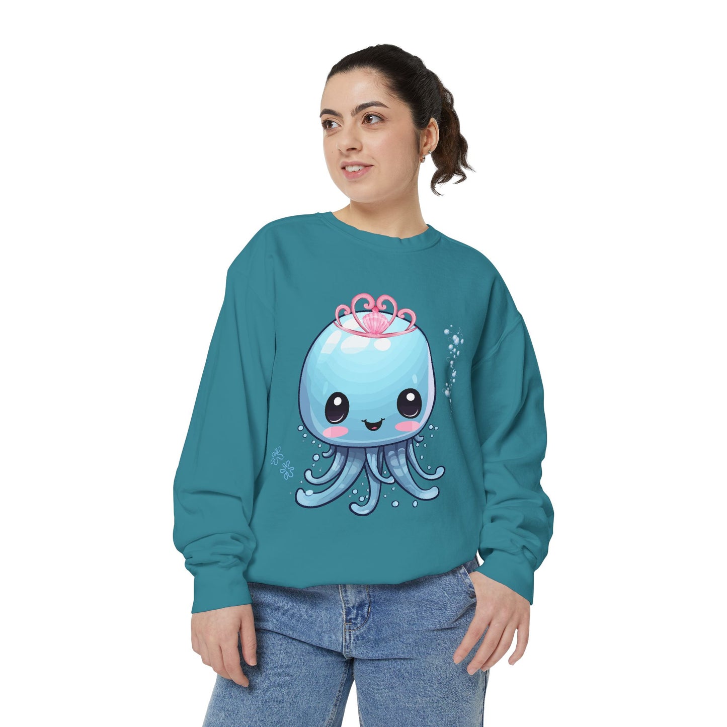 Blue jellyfish with a pink tiara Unisex Garment-Dyed Sweatshirt